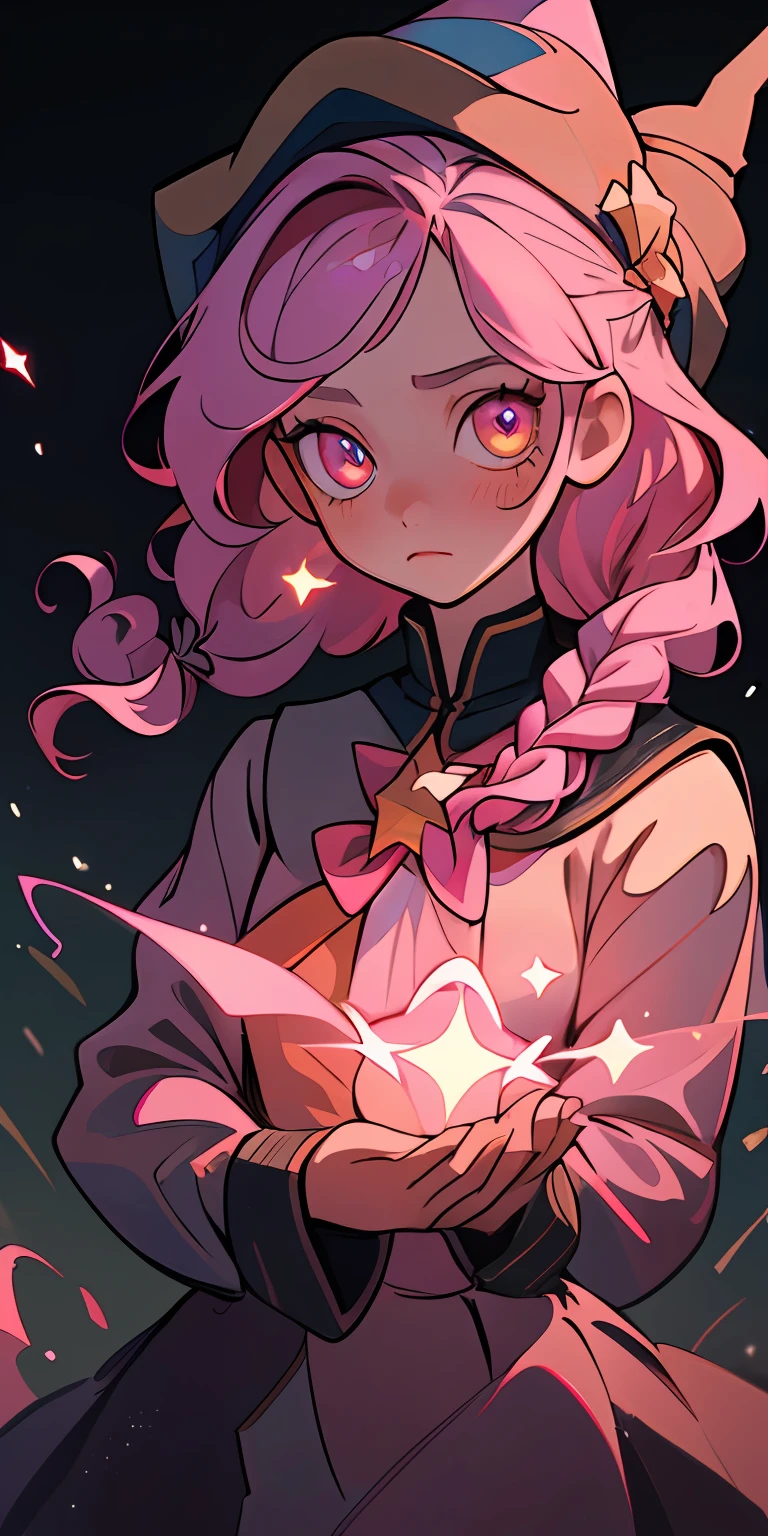 (best quality, masterpiece), 1girl, library, glitter, dress, particle, wind, flower, upper body, dark simple background, looking at viewer, pink hair, star pupil eyes, school uniform, wizard hat, braided hair, wavy hair