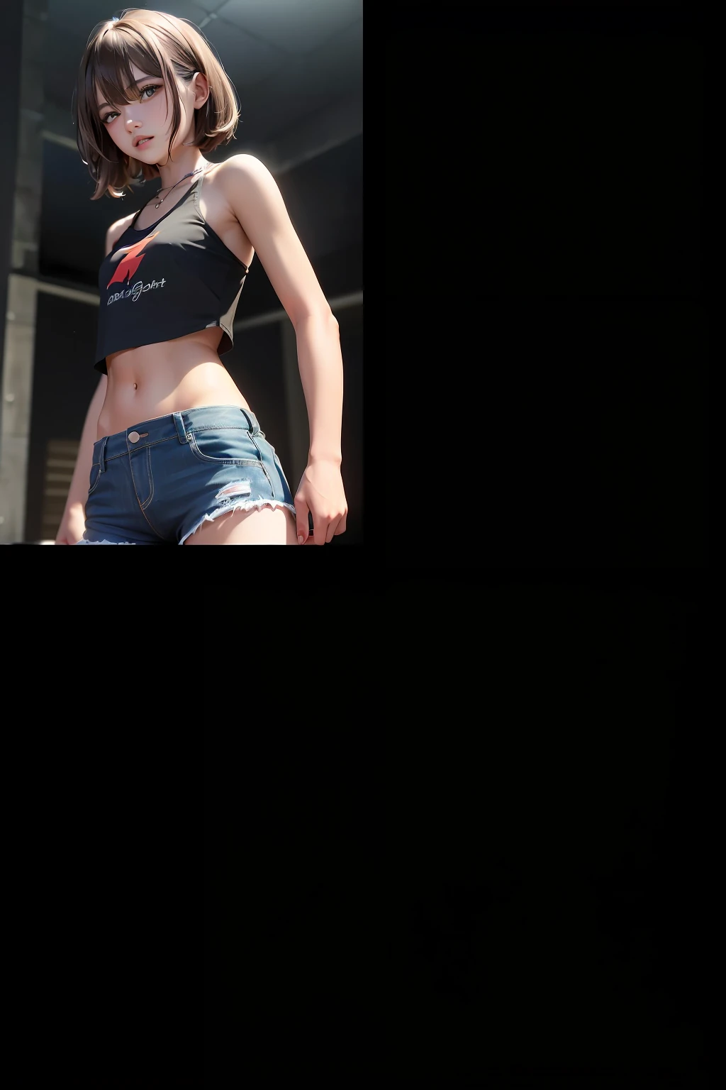 ((Midnight, Best quality, 8k, Masterpiece :1.3)), Whole body, Long legs, Sharp focus :1.2, A pretty woman with perfect figure :1.4, Slender abs :1.1, ((Dark brown hair, Big breasts :1.2)), (White tight tshirt, Jean bib, Standing:1.2), ((Night city view, Rooftop:1.3)), Highly detailed face and skin texture, Detailed eyes, Double eyelid