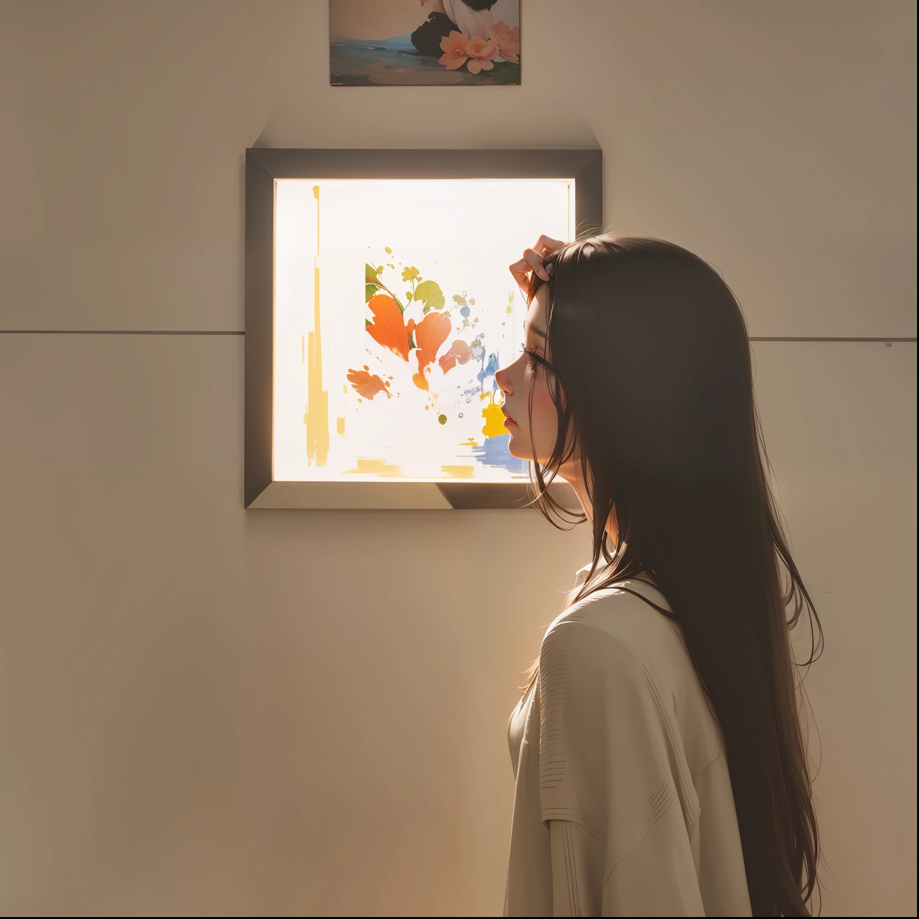 best quality, tmasterpiece, brunette color hair,, head looking up, Look at the paintings on the wall