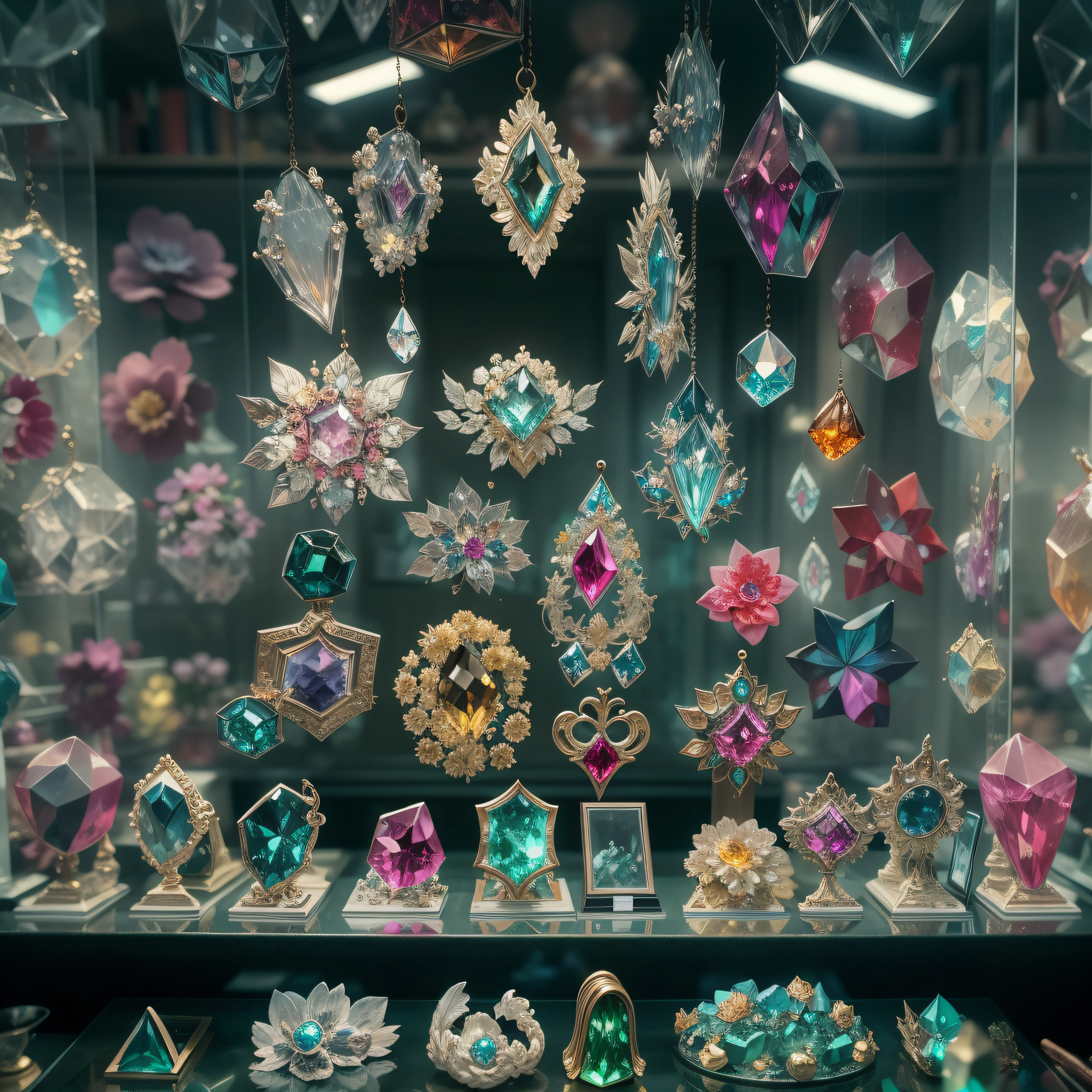 Crystal gemstone jewelry in display case, High-value jewelry,,Puzzles are prohibited, Detailed and complex background, glittery, reflective light, hyper HD, Award-Awarded, A high resolution, High detail, Chiaroscuro, Cinematic lighting, Negative space, Masterpiece, Anatomically correct, Super detail, High quality, High details, Best quality, 16k