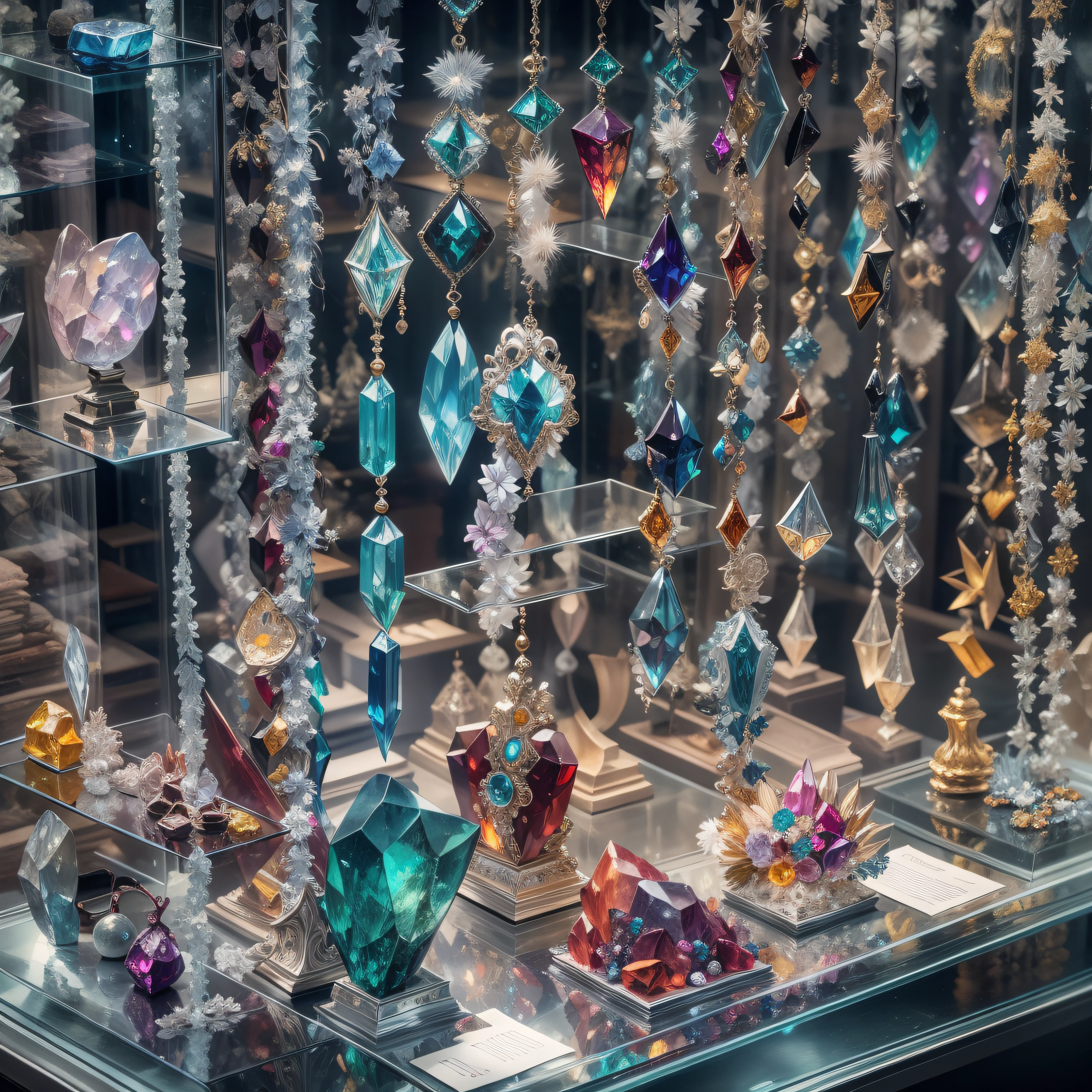 Crystal gemstone jewelry in display case, High-value jewelry,,Puzzles are prohibited, Detailed and complex background, glittery, reflective light, hyper HD, Award-Awarded, A high resolution, High detail, Chiaroscuro, Cinematic lighting, Negative space, Masterpiece, Anatomically correct, Super detail, High quality, High details, Best quality, 16k