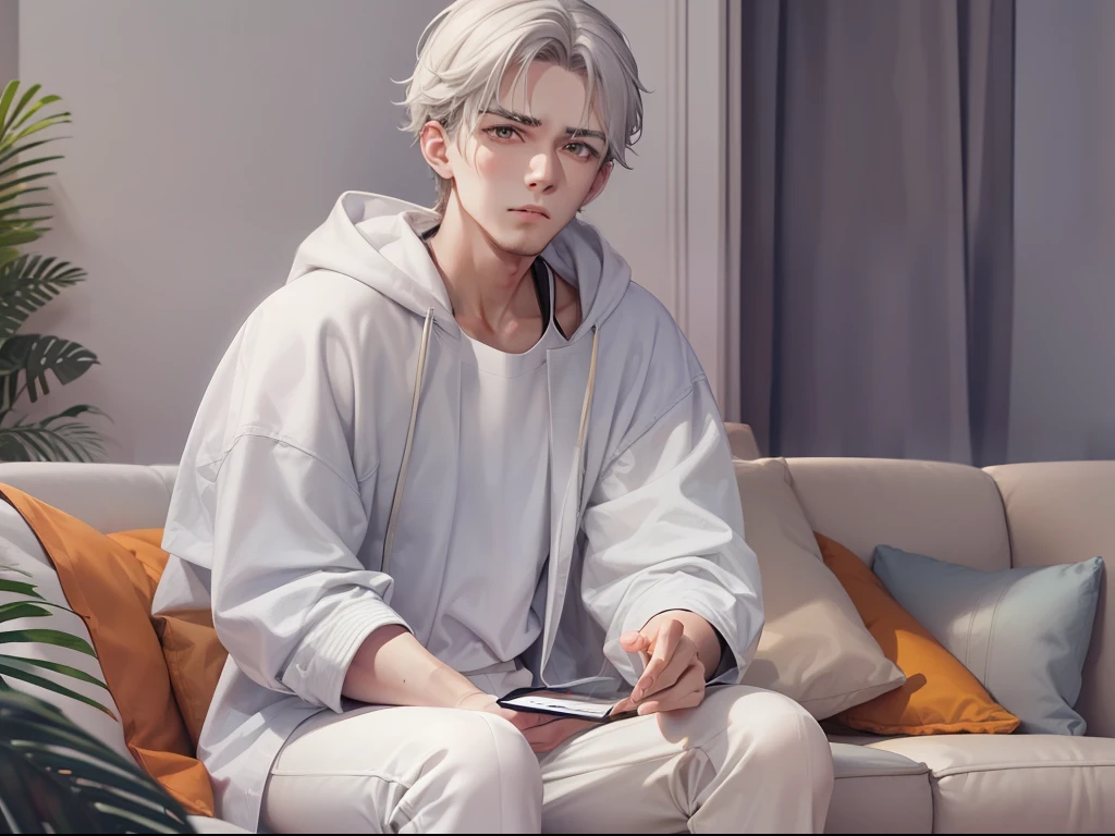 Best quality, tmasterpiece, A 28-year-old boy, Tall, wearing casual cloths, gray-white hair, The expression was surprised, sitting in the couch