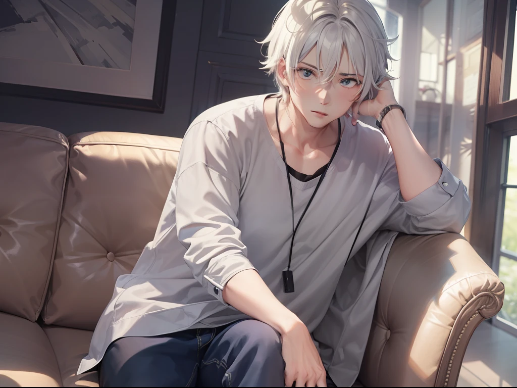Best quality, tmasterpiece, A 28-year-old boy, Tall, wearing casual cloths, gray-white hair, The expression was surprised, sitting in the couch