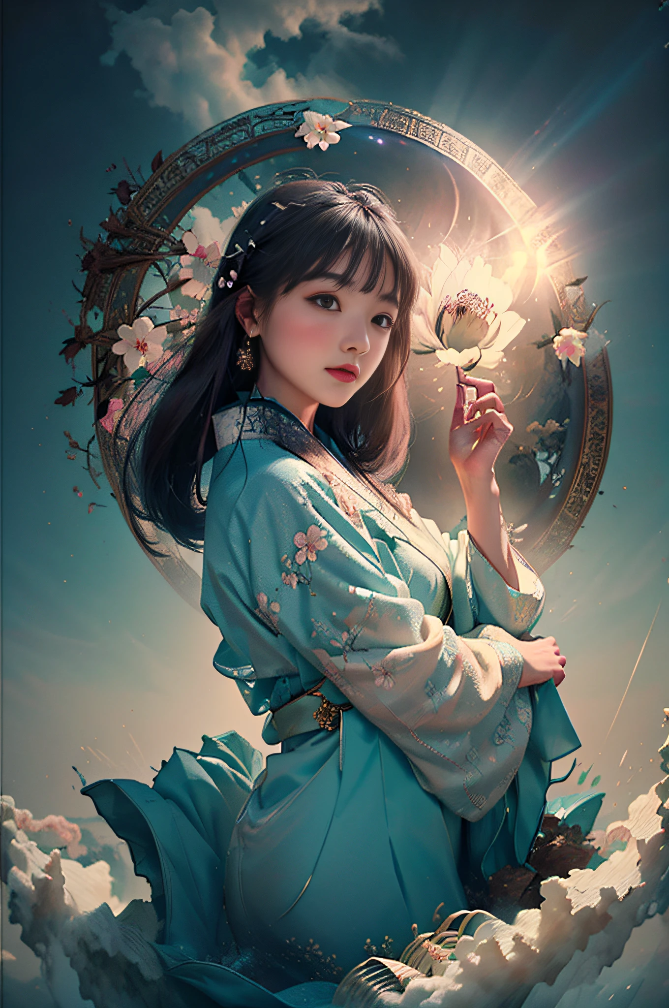 Zhong Fenghua， 1girll， （full bodyesbian：1.5） ，独奏， Hanfu， flower  field， blossom flower， （White smoke：1.3） （realisticlying：1.4）， Zen entanglement， datura， entangled， offcial art， Unity 8k壁纸， ultra - detailed， Beautiful and beautiful， tmasterpiece，best qualtiy， （dynamic angle：1.4）， Glowing skin， （Floating colorful flashes：1）The most beautiful forms of chaos，ellegance，Fauvistdesign，vivd colour，Romanticism Depth of Field，white backgrounid