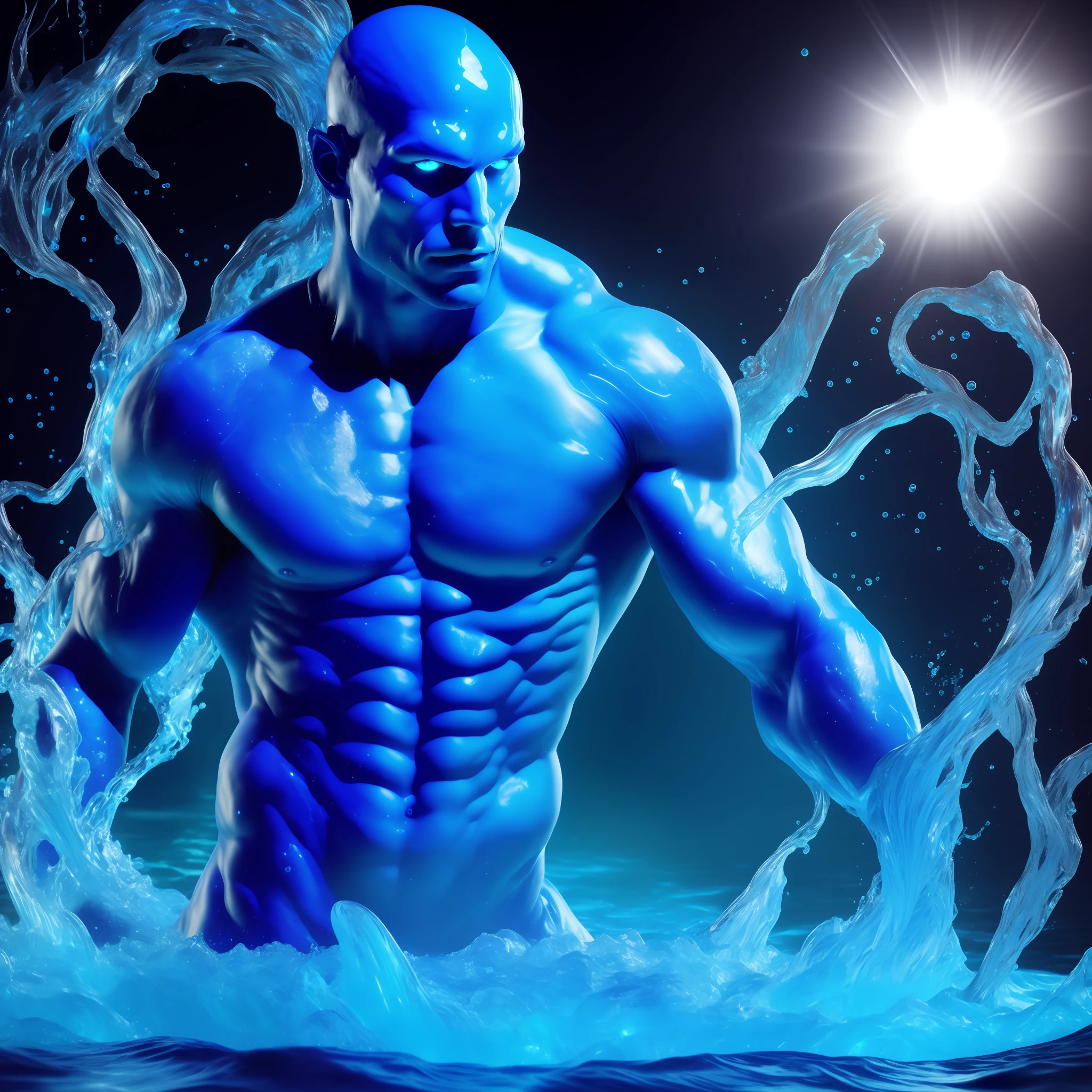 Image of a blue man in water, computer graphics, muscular character, Avatar for the site, Fast Energy, frostbite, Genesis, Made of liquid, Dating app icon, Bioluminescent creature, Asuras, Liquid, Dynamic Energy Pose, cobalt, character is covered in liquid, cosmetics
