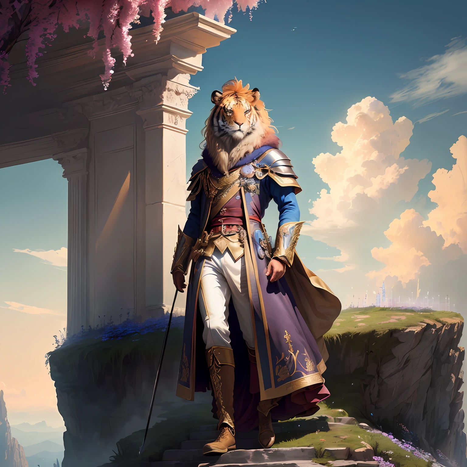 Man in a gleaming blue military uniform and a tiger mask carrying a spear of fire mounted on a golden horse