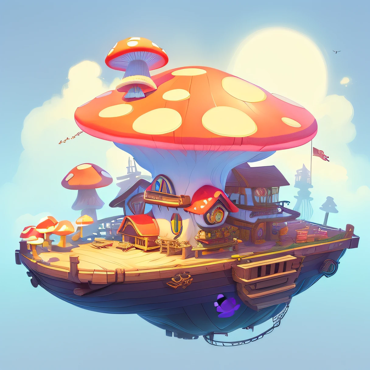 "A wooden mushroom boat floating in the air, cyber mushroom city, mushroom kingdom, Stylized concept art, magical fantasy 2 d concept art, Stylized game art, Mobile game art, giant mushroom, full-colour illustration, mushroom, Cute detailed digital art, Flying wooden sailboat。”