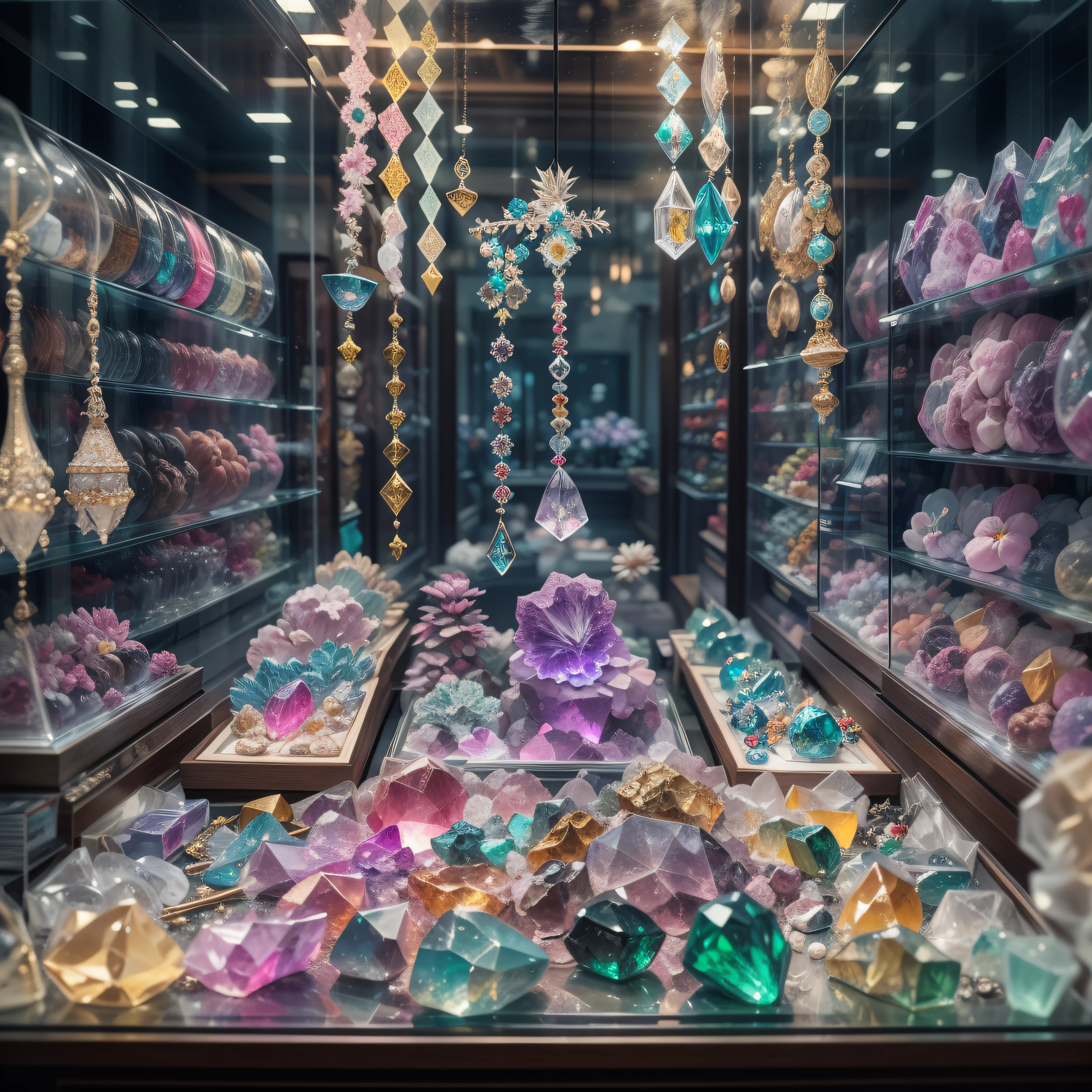 Crystal gemstone jewelry in display case, High-value jewelry,，Depth of field is prohibited，Puzzles are prohibited, Detailed and complex background, glittery, reflective light, hyper HD, Award-Awarded, A high resolution, High detail, Chiaroscuro, Cinematic lighting, Negative space, Masterpiece, Anatomically correct, Super detail, High quality, High details, Best quality, 16k