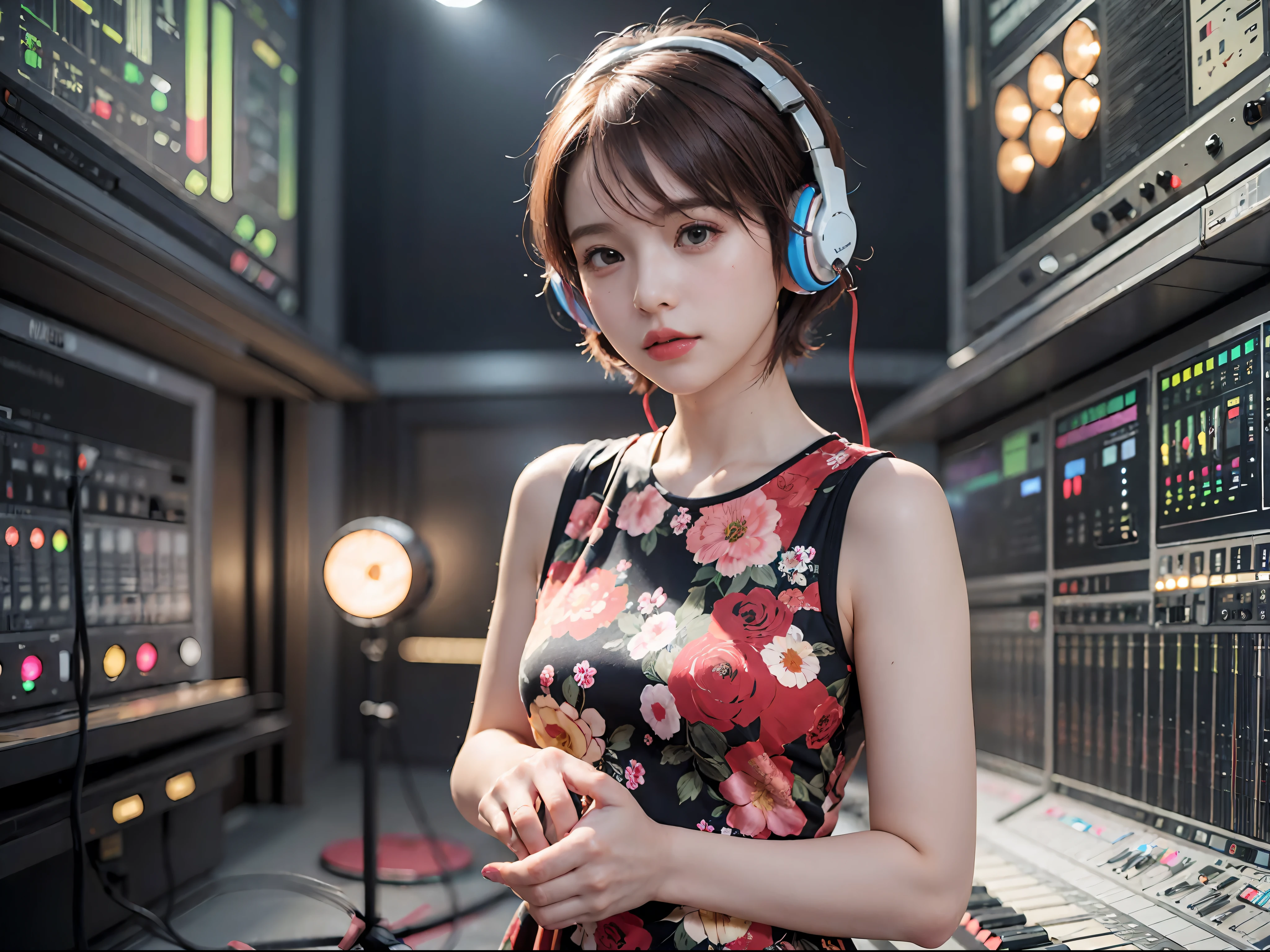 Best Quality, masutepiece, (Photorealistic:2), Ultra High Resolution, Highly detailed, A hyper-realistic, 1girl in, ((Red headphones)), (Longer dress), Floral pattern, colourfull_hair、(((very_Short_hair))), Short hair, Slim body, Full Shot, Looking at Viewer, ((Music Studio)),  Bright atmosphere, spot light, Detailed background