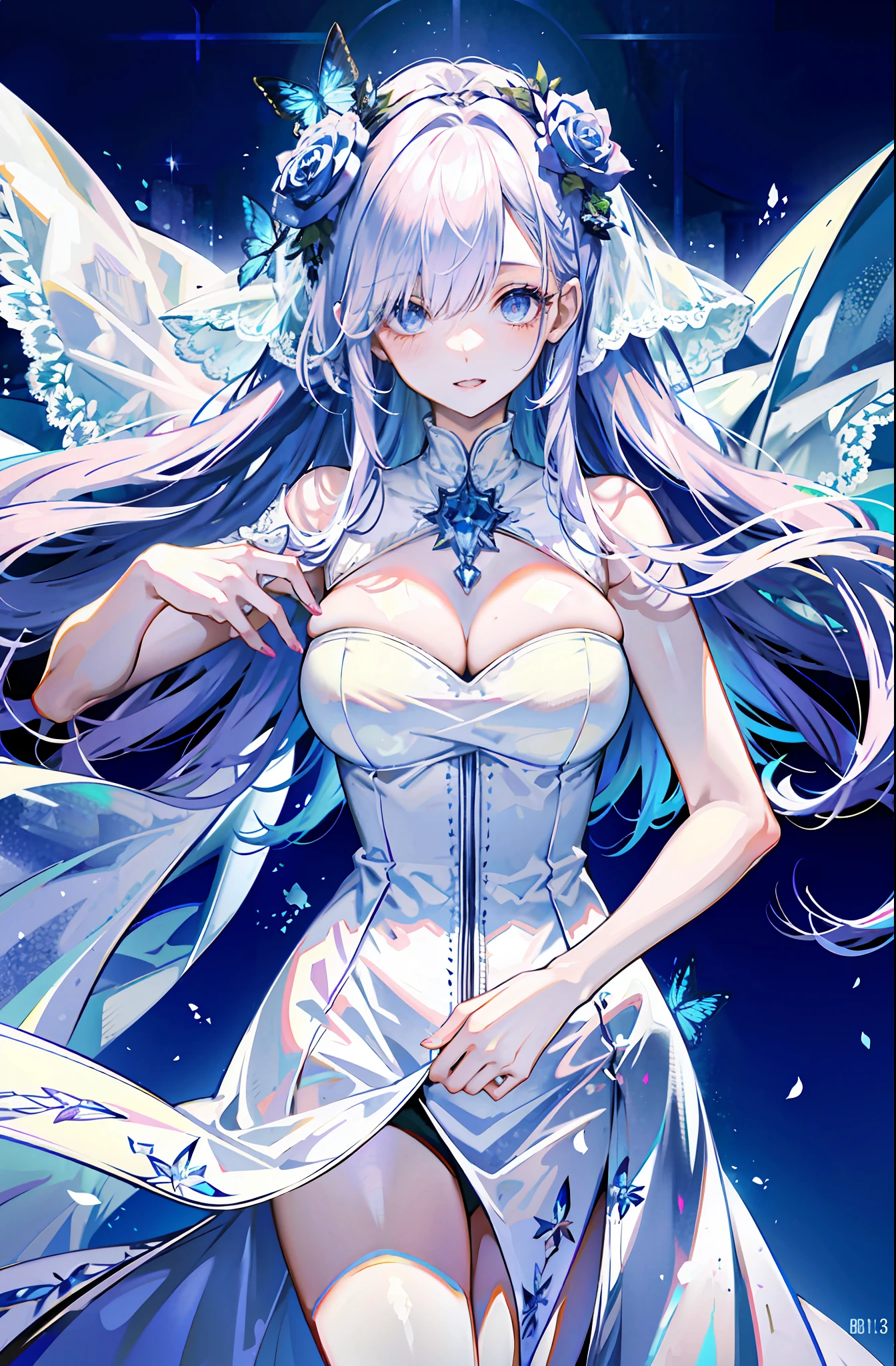 silber hair,butterflys,long whitr hair,white wedding gown,8k wallpaper,detailedbackground,Highest high resolution,deep v big breasts,Hair covers one eye,Bandeau wedding dress,chies,White rose,tight-fitting,chies,In the daytime,