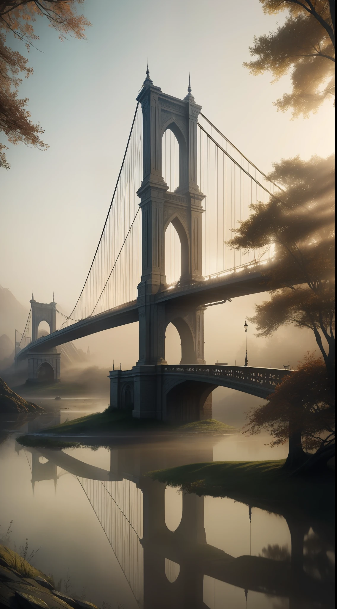 (beste-Qualit), (tmasterpiece), (Detailed:1.4), fog over water, swamp, suspension bridge, morning, fantasy, detailed, dramatic, intricate, perfect composition, beautiful detailed intricate insanely detailed octane rendering popular on artstation, 32k art photography, photorealistic concept art, soft natural volumetric cinematic perfect light, watercolour, artstation trend, sharp focus, studio photo, intricate detail, high detail, Greg Rutkowski, 32k