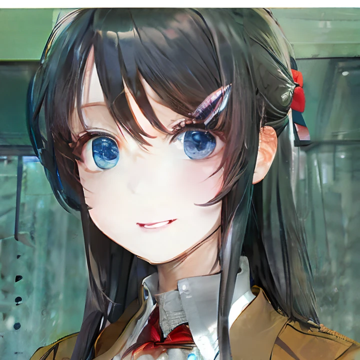 Girl with long black hair in brown jacket and blue eyes and red bow