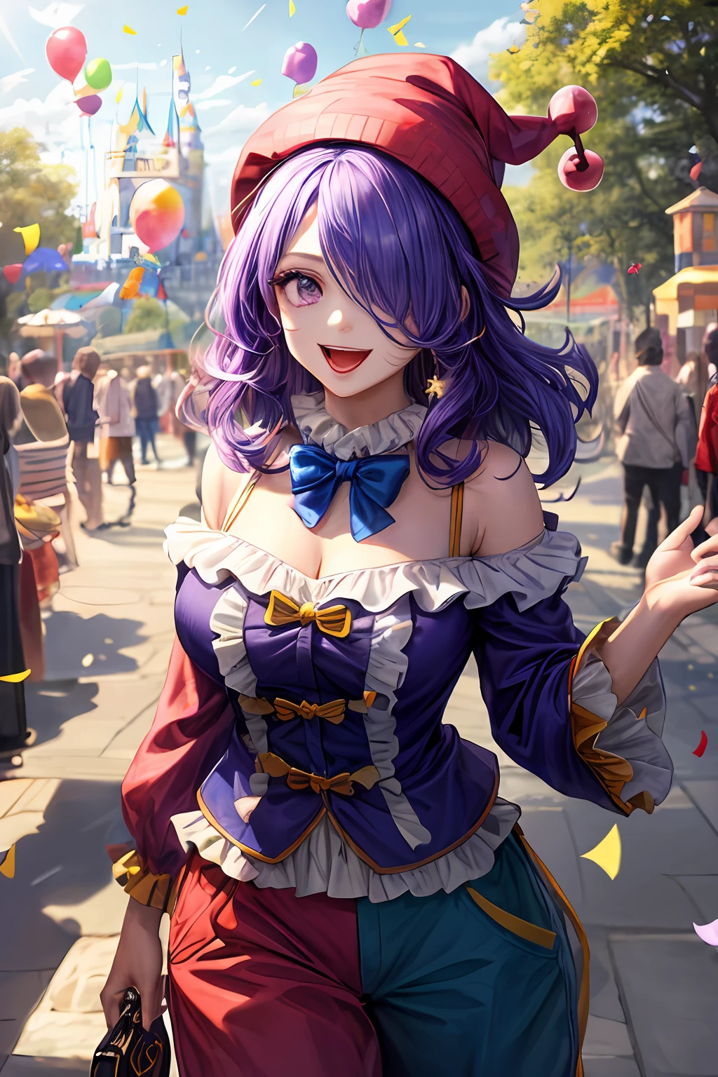 ((masterpiece, best quality)), good anatomy, detailed body, detailed face, detailed eyes, uncensored, wallpaper, 1girl, solo, dynamic angle, clown, large bowtie, frills, (star symbol on face, clown outfit, clown costume, clown nose, red ball nose, baggy outfits, baggy pants, multi-color outfit, jester outfit, jester hat, clown hat), heart pattern on outfits, (flower on hair), holding a balloon, star pattern on face, Camilla-FE-lora, smile, open mouth, looking at viewer, medium breast, curvy, SFW, hair ornament, (amusement park background, confetti particle effects, day time, sunshine, blue sky, balloons in the background, park trees in the background, hedges in the background, street lights in the background, castle in the background, paved street, birds in the background), standing, walking, bloom, lens flare, depth of field, (crowd in the background:0.55), (purple eyes, hair over one eye), bare shoulders