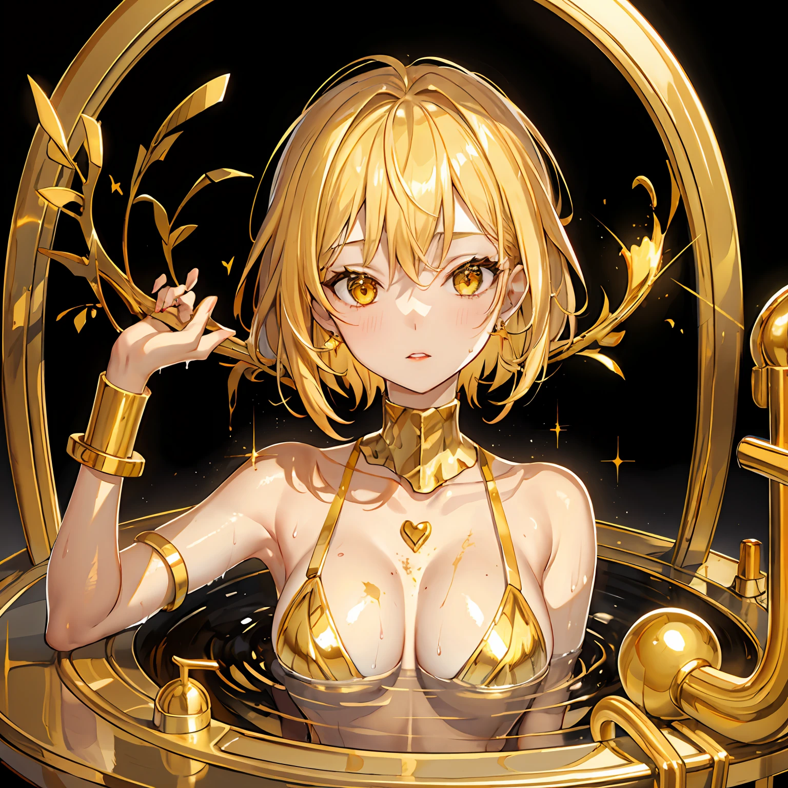 bathing,upper body,Wearing lots of gold accessories,1girl,shiny skin,goldpowder,Metalheart