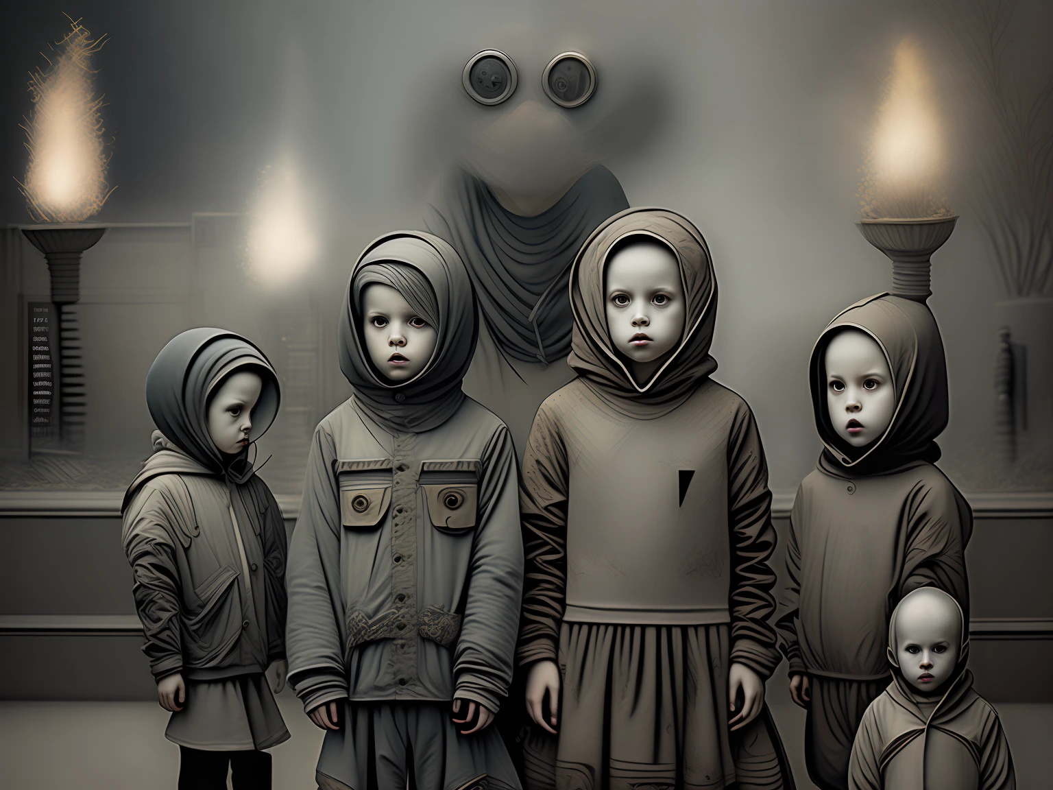 10 children wearing masks made of graffiti、creepy atmosphera、Dark forest background、Burning Shrine、the fire、Graffiti Mask、