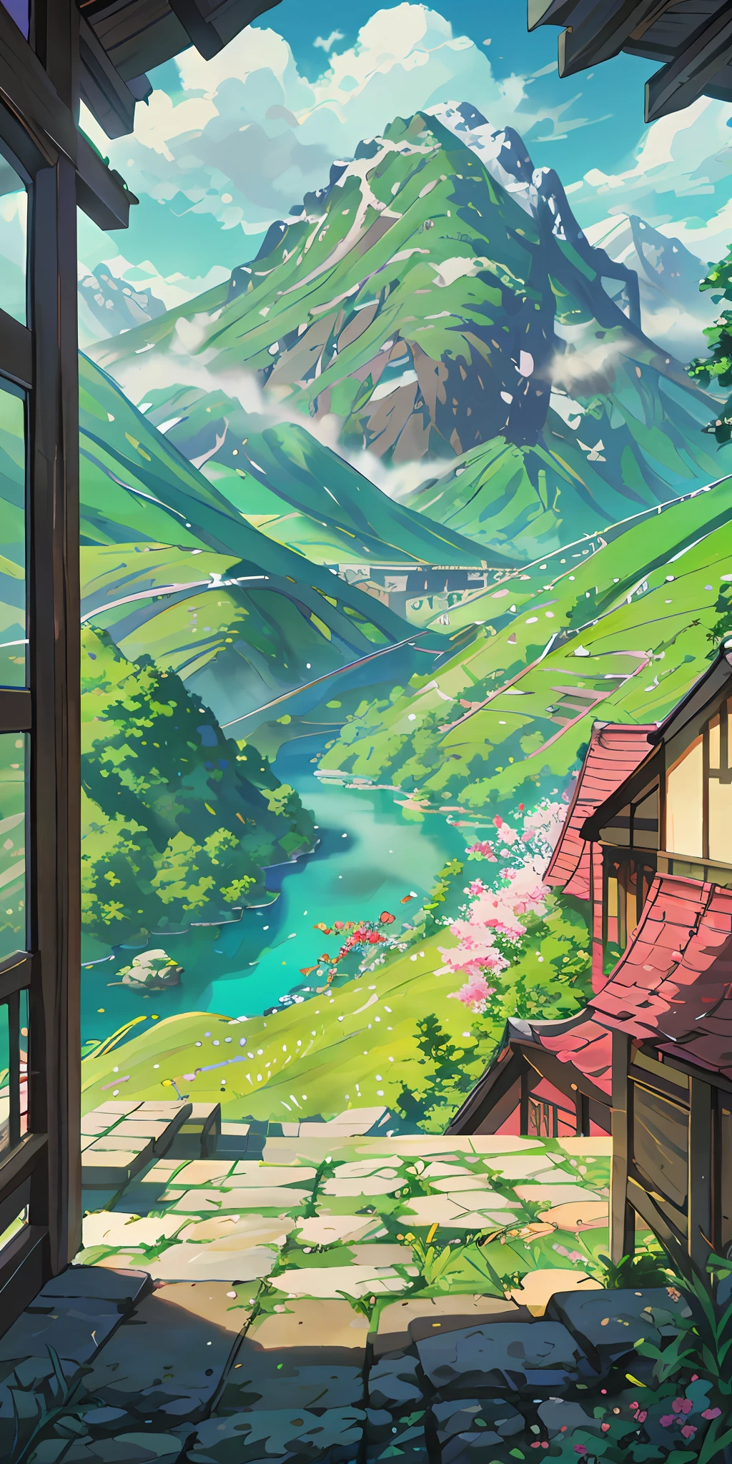 Chinese antiquity、springtime、jungles、lakes、hole in the mountains、waterfallr,The tree、grassy fields、Rochas、fawn、hot onsen、hydrosphere、(illustratio:1.0)、Epic composition、Realistic lighting、high definition detail、tmasterpiece、Best quality,(非常详细的 CG 统一 8k 壁纸)Summer is long,All things are sunny