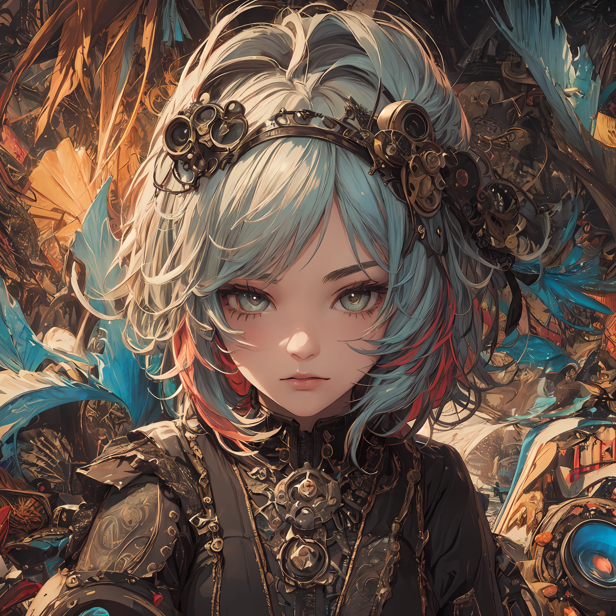(steampunc),(1girl in, Solo:1.6), (Best Impact:1.5), (maximalism:1.7), Vivid contrast, (Realistic), hyperrealistic illustrations, hight resolution, ultra-detailliert, absurderes,(Fractal Art:1.3)、Random hairstyle、Random hair color colorful、FULL BODYSHOT、Retro、Precise focus、randome pose、cinema4d、Dramatic
