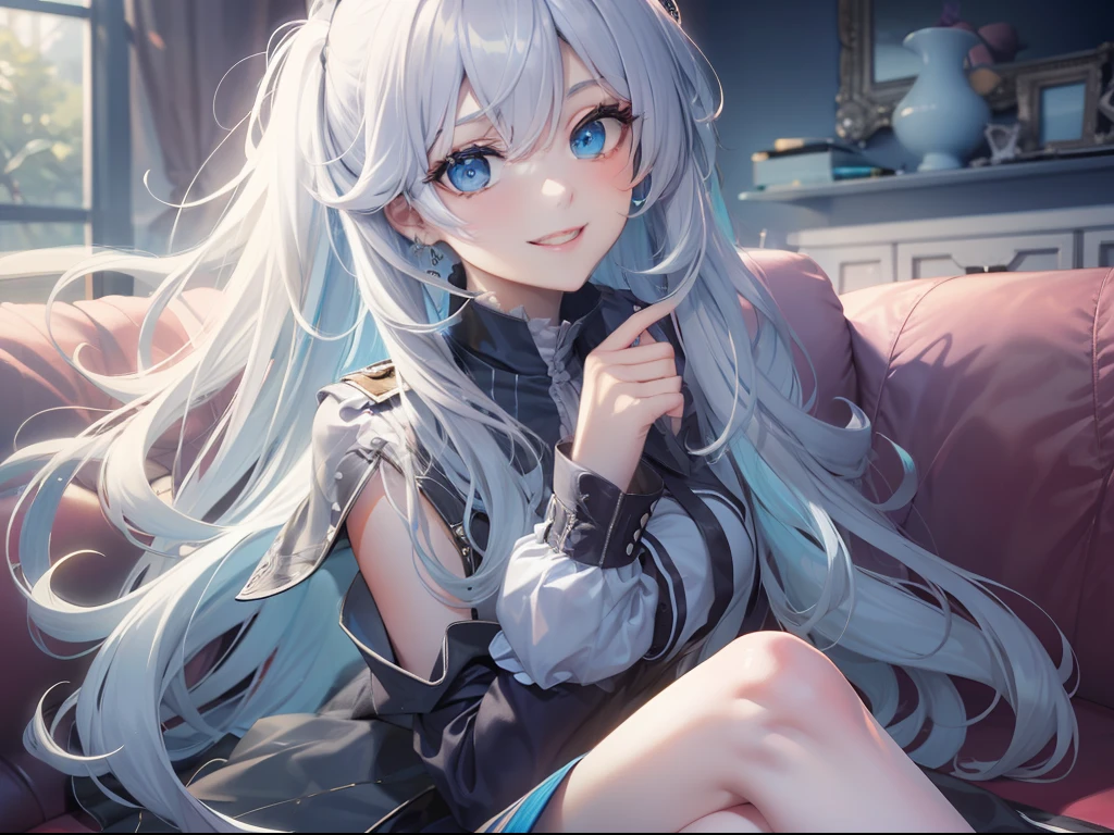 Best quality, tmasterpiece, 18 years old sweet cool girl, silver-white long hair, blue color eyes, Evil smiled, sitting in the couch