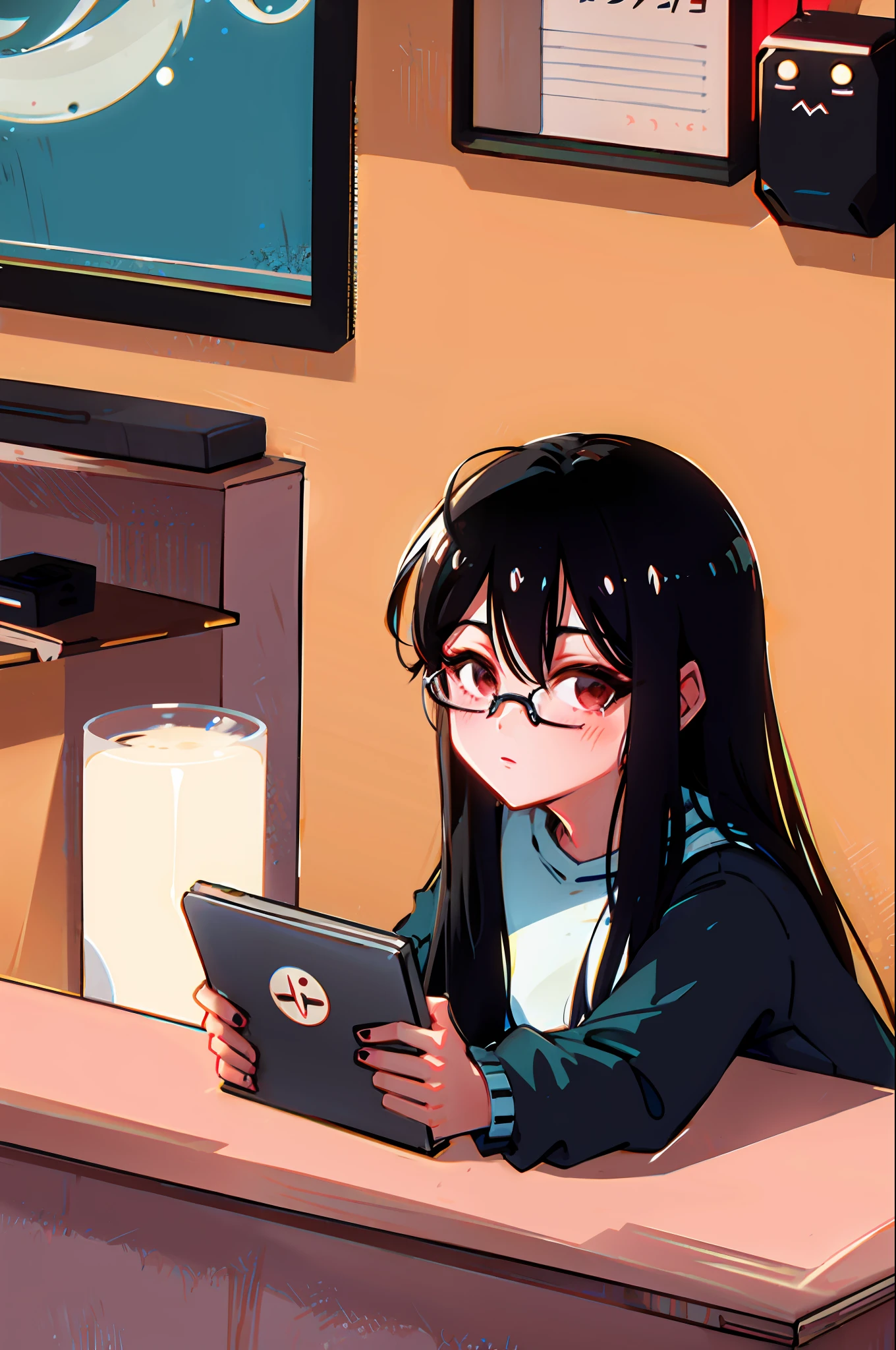 Pixel drawing of a boy with long black hair and glasses drinking coffee