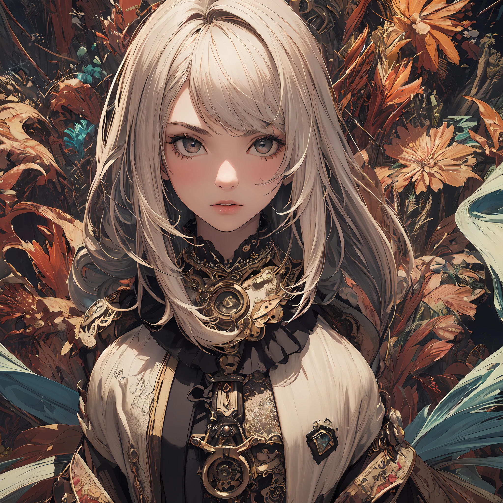(steampunc),(1girl in, Solo:1.6), (Best Impact:1.5), (maximalism:1.7), Vivid contrast, (Realistic), hyperrealistic illustrations, hight resolution, ultra-detailliert, absurderes,(Fractal Art:1.3)、Random hairstyle、Random hair color colorful、FULL BODYSHOT、Retro、Precise focus、randome pose、cinema4d、Dramatic