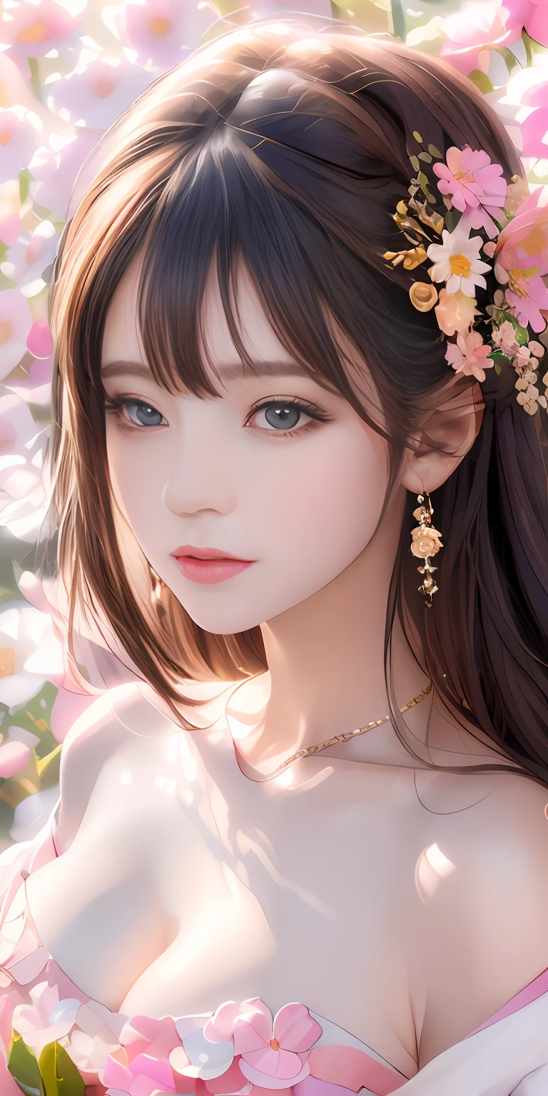 Pure，Sweet，Flower background，Colorful background，Based on physical rendering，Perfect light and shadow，extreme hight detail，Pink tones，，Raised sexy，perfect bodies，Superb beauty，largeeyes，long eyelasher，Delicate eyes，large shiny eyes，Delicate pupil reflection，Shoulder and neck details，The pupil texture is delicate，Perfect eyes，Black pupils，best qualtiy，tmasterpiece，16k，A picture，head portrait，Bigchest，longer sleeves，Take care of your chest，Large breasts，Delicate avatar