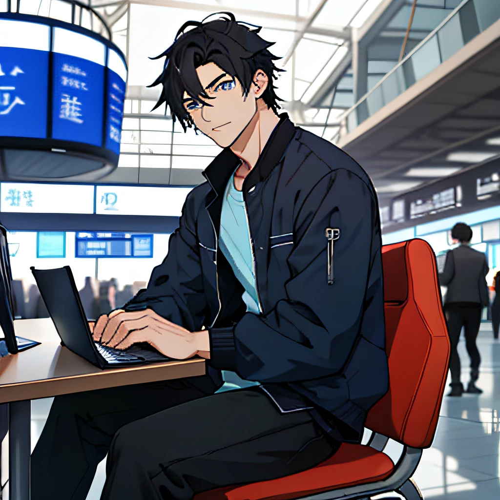 best qualtiy：1.0），（超高分辨率：1.0），Anime boys，with short black hair，blue color eyes，Hold the computer，sit on chair，The background is in the airport waiting hall，