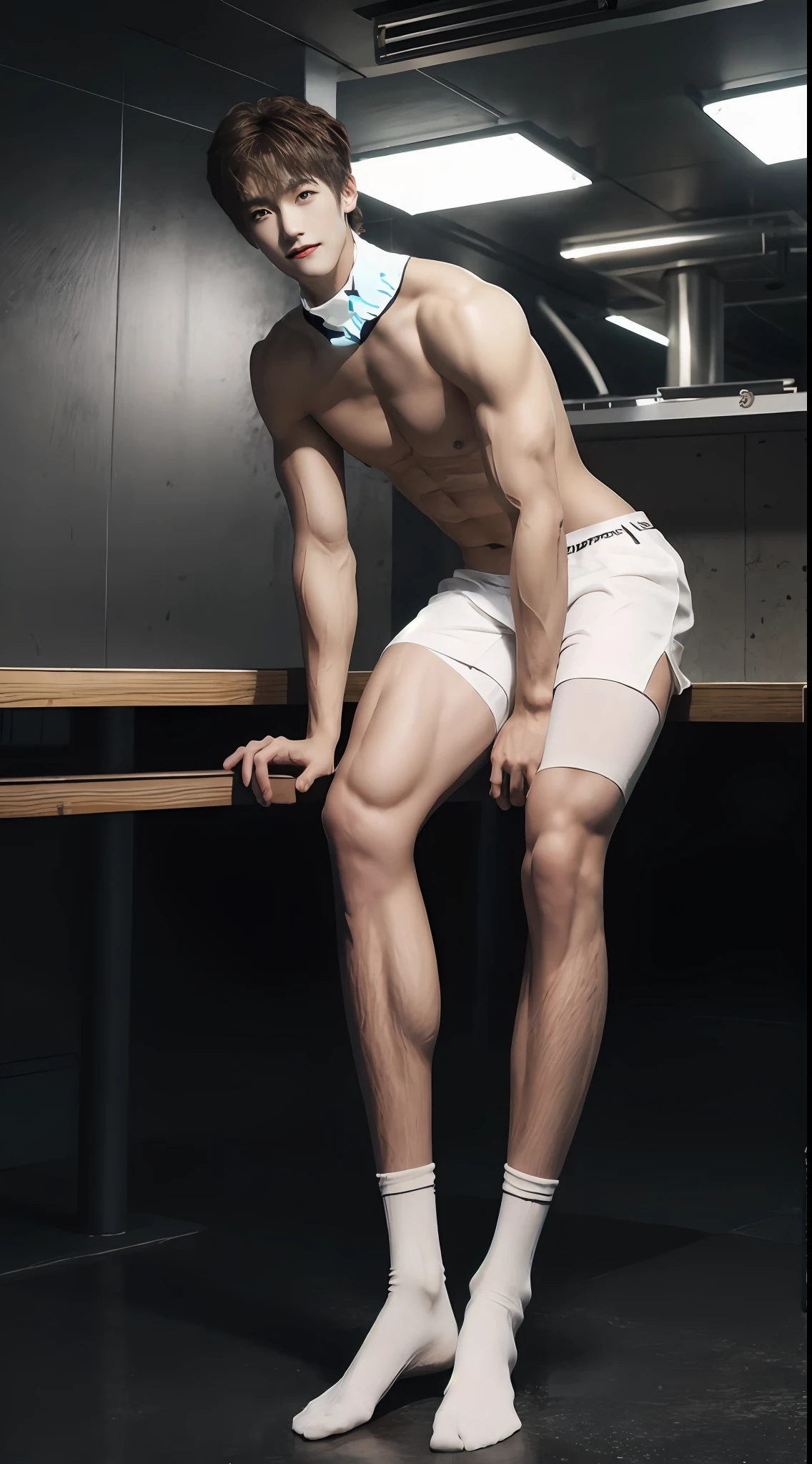 （A lovely Shota：3），（Colored screen：1.2），Solo，（full bodyesbian：3），（Stay away from the lens：3），（Expose your legs and feet：3），（revealing the whole body：5），（Heads-up view：1.2），malefocus，looking at viewert，16 yaers old，（Tall：4），（Tall guy：2），Super tall，（Height 300 cm：2），Excellent body proportions，（The shoulders are 5 times wider：1.2），（Slender slender legs：2.5），Slender feet，Normal extremities，（Small head），musculous，（Lovely and pretty：2），（The face of an anime man），Fair skin，（Very detailed beautiful face and eyes：2），（Big bright eyes：1.2），Sharp eyeliner，Clear and beautiful face，short detailed hair，（Correct facial features），（tilts your head：1.5），（having fun，grinning smile），(Men's turtleneck sweater：2)，Boxer panties，Blue socks，（Muscle firming：2），Strong，Super strong，Developed biceps，（Wide shoulders and narrow waist：2.2），Sports men's socks，Detailed muscle texture，Highlights muscle structure，In the subway，（sat on the ground：4），（full length shoot），Full leg view，ultra-realistic realism, (Photorealistic detail), Incredible accuracy, lifelike textures, masterful technique, Jaw-dropping precision, artistic dedication，（anatomy correct），Good lighting，exquisite detailing，Best quality，stunning masterpiece，CG