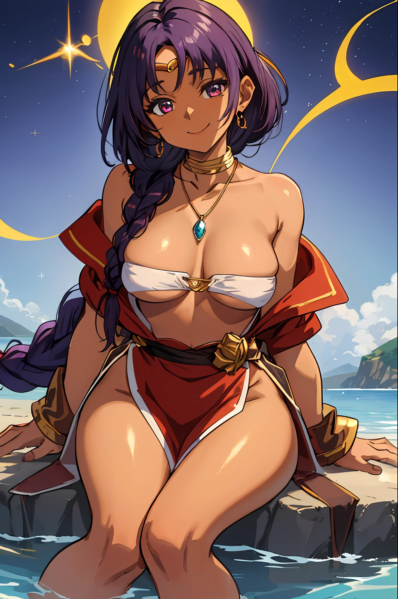 (Masterpiece, Best Quality;1.3), Extremely detailed, 1girl, 独奏, detailed skin, looking a viewer, dark skin, Smile, Long dark purple hair, braided braid, A young, big breastes, shantae, Купальники WHITE BANDEAU, red vest, Golden-collar, Necklace with large light blue gemstones, sitting,