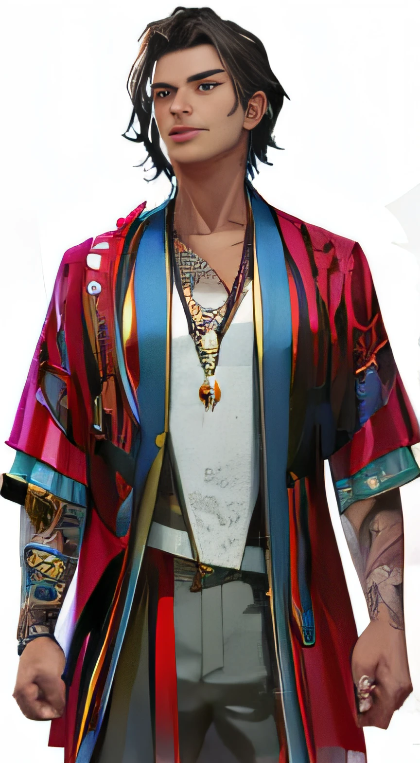 a man with a red and blue jacket and a necklace, as a character in tekken, highly detailed kimono, ornate cyberpunk robes, dragon-inspired cloth robes, ((wearing aristocrat robe)), tsurumaki kazuya, tech robes, full body details, classic kimono, royal attire akira, full body close-up shot