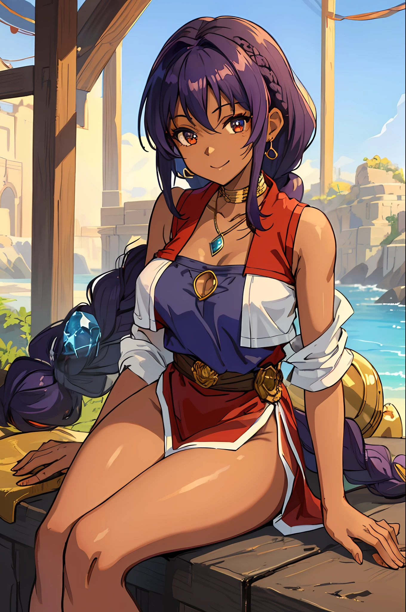 (Masterpiece, Best Quality;1.3), Extremely detailed, 1girl, 独奏, detailed skin, looking a viewer, dark skin, Smile, Long dark purple hair, braided braid, A young, big breastes, shantae, Купальники WHITE BANDEAU, red vest, Golden-collar, Necklace with large light blue gemstones, sitting,