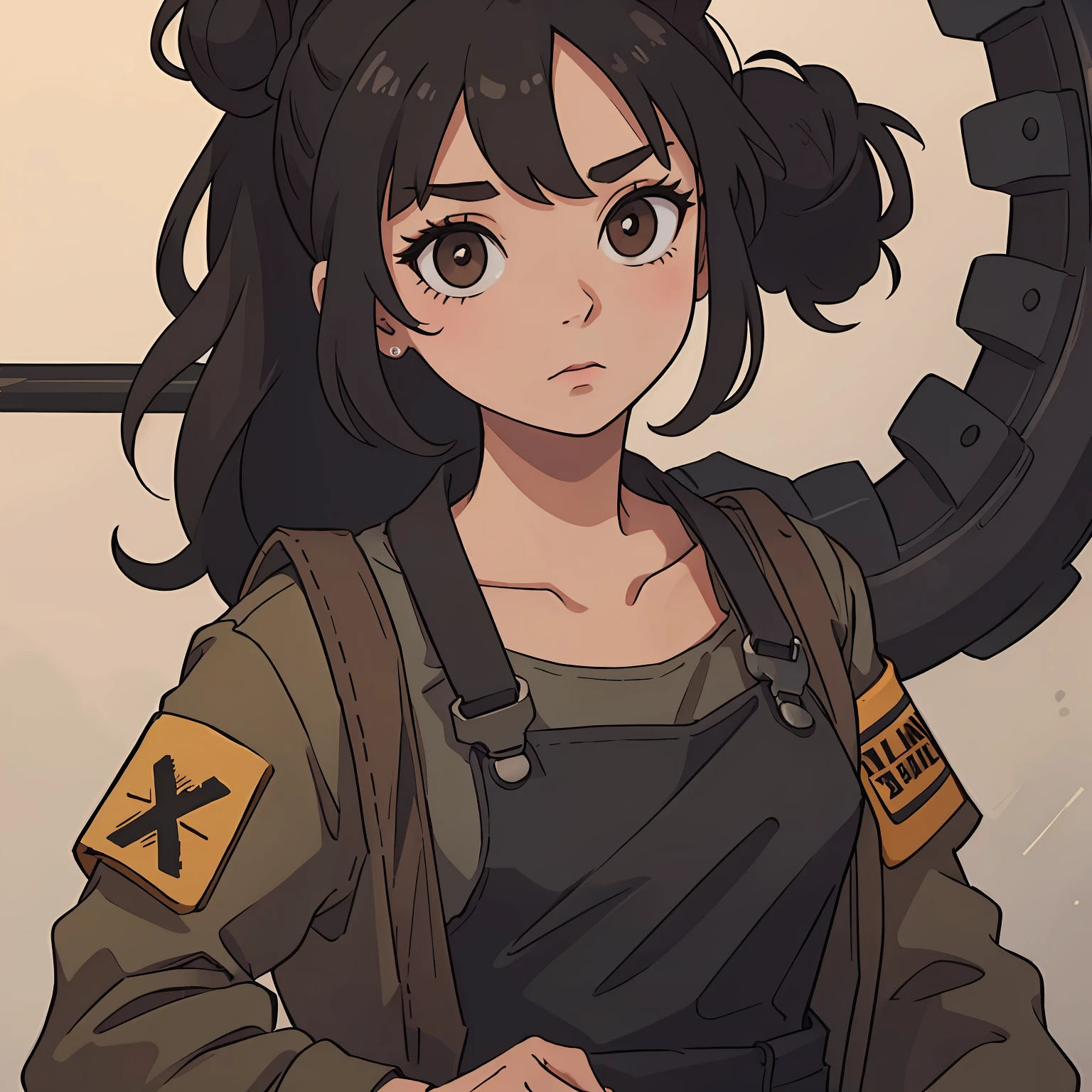 1girl, Black messy bun, brown eyes, wearing a military jumpsuit and overalls, Ultrasharp, masterpiece, 8k