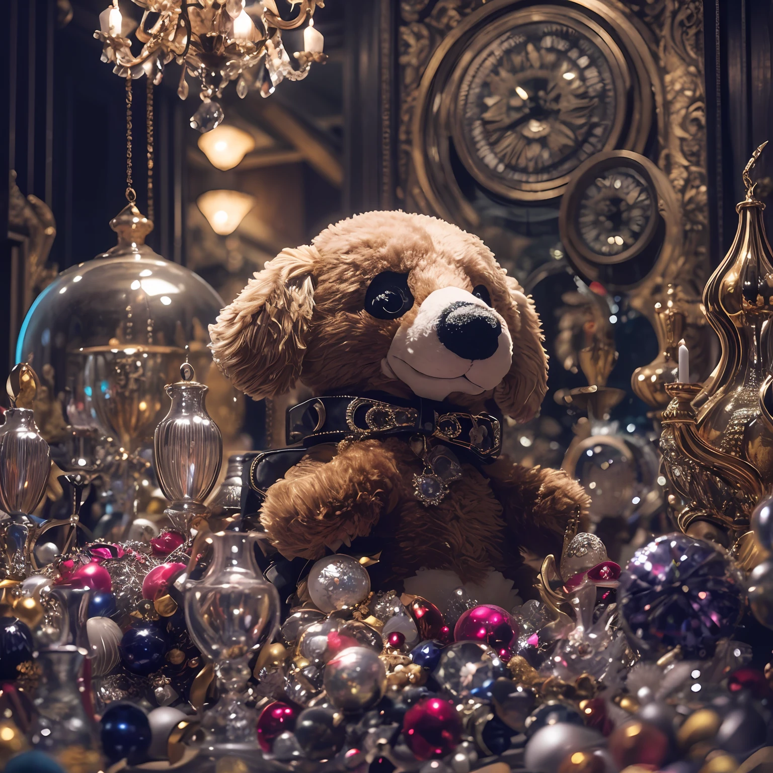A girl holds a stuffed animal，Sit in a room full of jewels，，cabelos preto e longos，cheerfulness，Rejoice，Perfect quality，Clear focus（Clutter - home：0.8）， （tmasterpiece：1.2） （realisticlying：1.2） （Bokeh） （best qualtiy） （detailedskin：1.3） （complexdetails） （8K） （detailedeyes） （Sharp focus）,（having fun）closeup cleavage