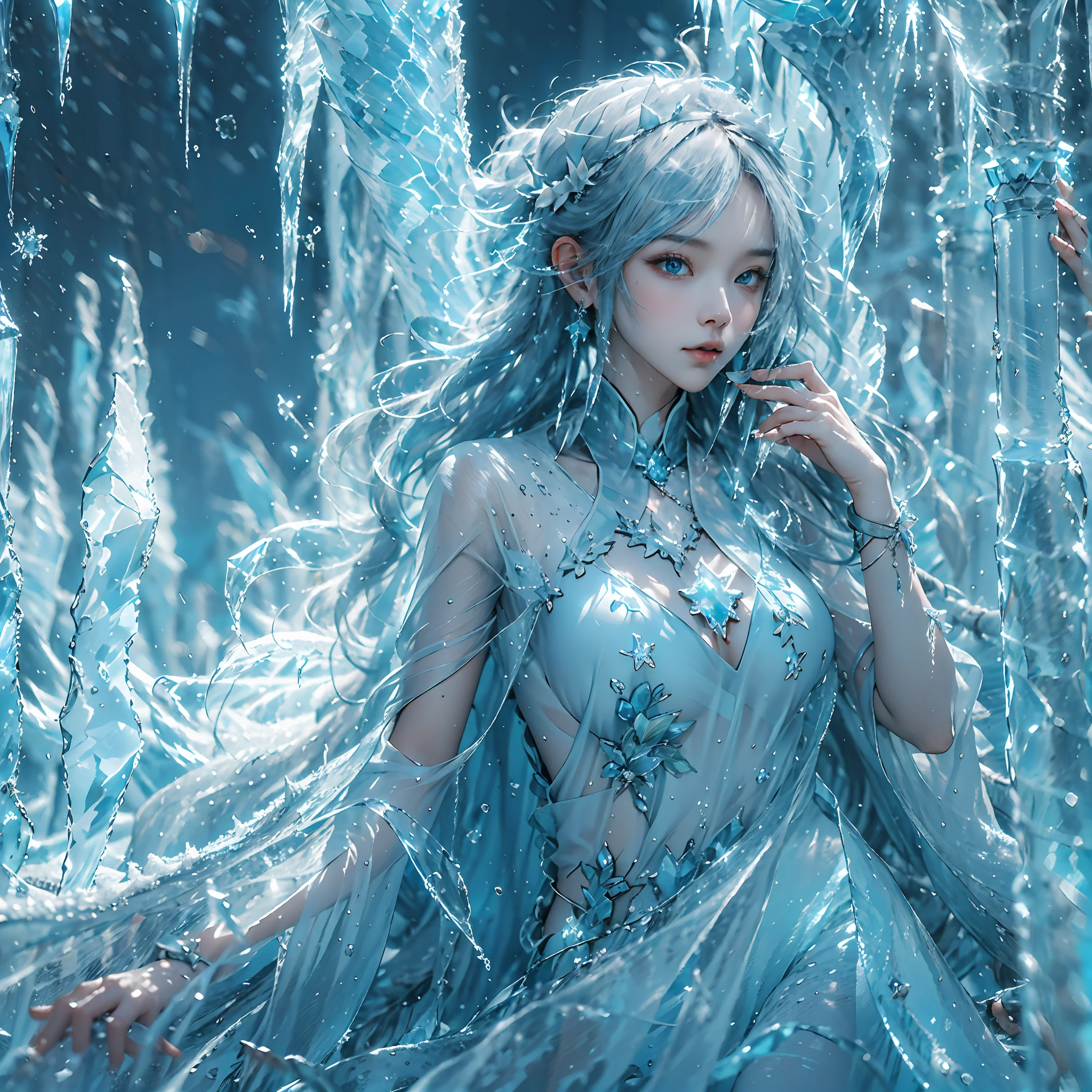 (((1girll)))，（Perfect facial features：1.4），icey，Ice wings，Splashed liquid，Wavy liquid，airbubble，standing on water，wave，Blue glow，（Frost wings），(((Powerful ice magic)))，(((Icicles)))，Towering over the landscape，Blue light cold light，(((Ice storms)))，Wind，((Flying snow ice and snow))，Amazing results，,best qualityer,tmasterpiece,超高分辨率,finely detailled,Complicated details,8K分辨率,8KUCG wallpaper,hdr,water blue,Magic Array,Cinematic lighting effects,lightand shade contrast，Ray traching、NVIDIA RTX