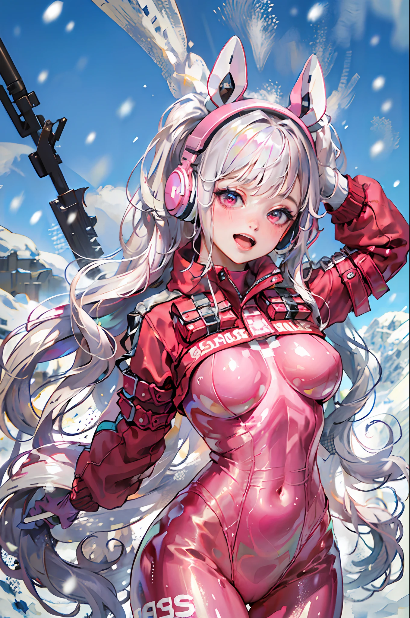 (RAW photo, best quality, masterpiece:1.2), (realistic, photo-realistic:1.4),(masterpiece:1.4),(best quality:1.4),1girl, solo, :d, animal ear headphones, animal ears, arms up, bangs, blush, bodysuit, breasts, bunny pose, clothes writing, covered navel, cowboy shot, cropped jacket, fake animal ears, gloves, outdoor,morning,snow, hair intakes, headphones, impossible bodysuit, impossible clothes, jacket, large breasts, latex, latex bodysuit, long hair, long sleeves, looking at viewer, large breasts, multicolored gloves, open mouth, pink bodysuit, pink eyes, red eyes, red jacket, shiny clothes, shrug \(clothing\), sidelocks, skin tight, smile, thigh gap, thighs, twintails, very long hair, white gloves, white hair,alice \(nikke\),(shiny skin),realistic,