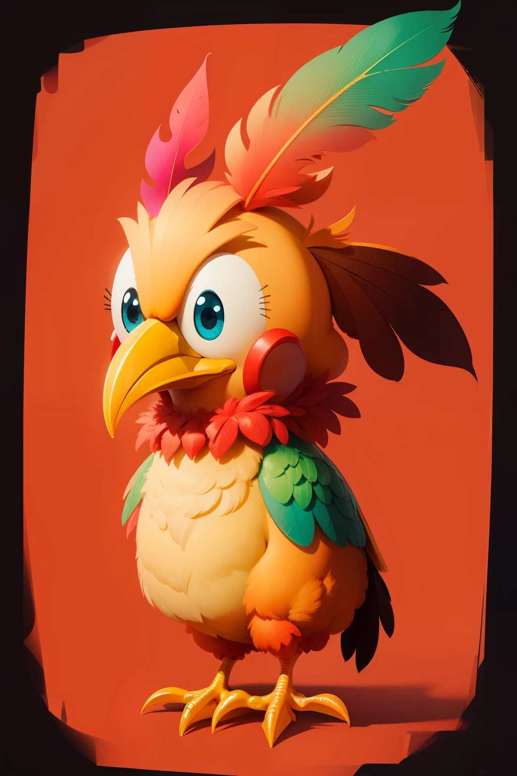 anthropomorphized chicken，cartoony，colorful feather