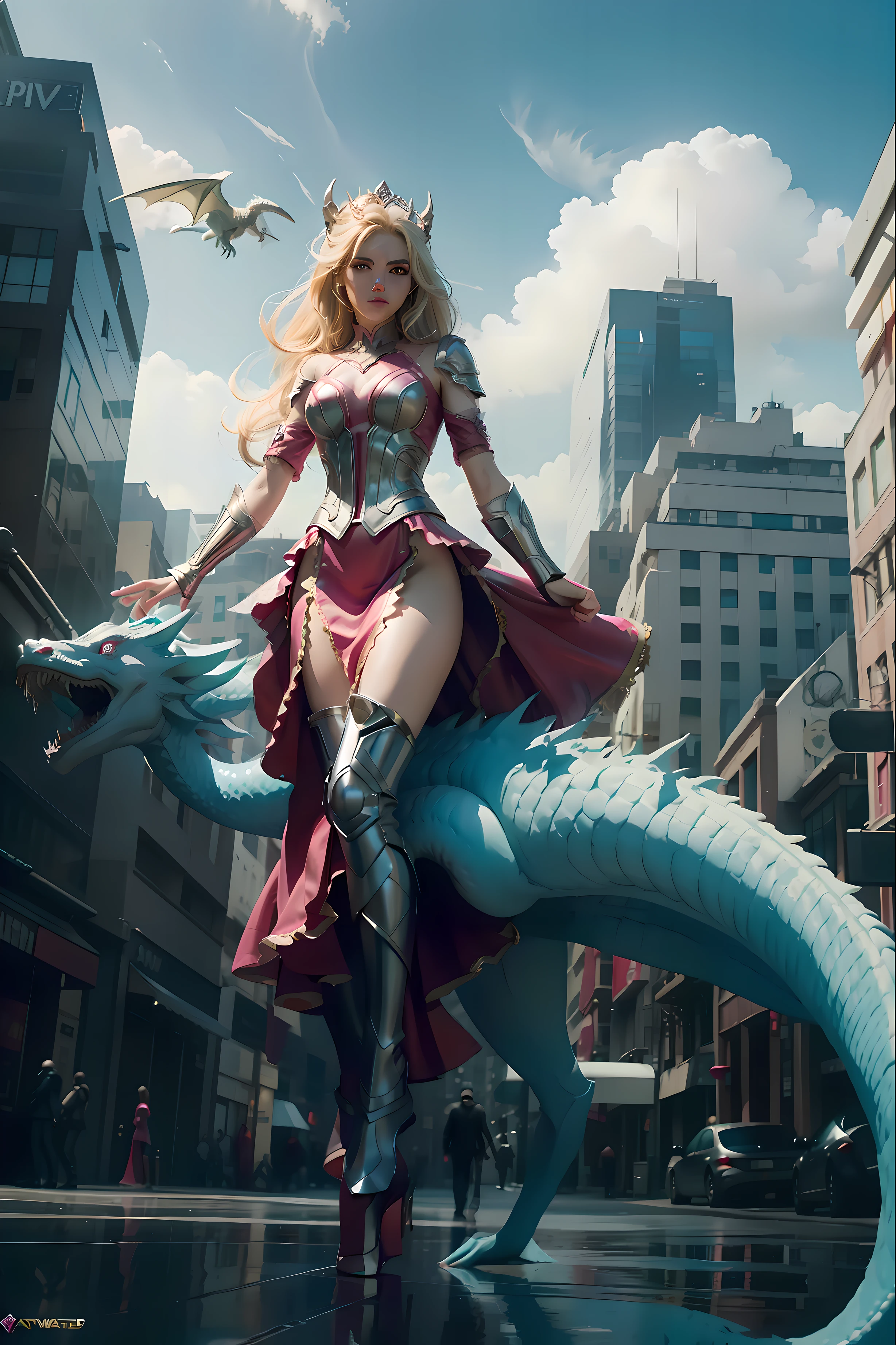 tmasterpiece，The quality is superb，ultra - detailed，Marvel cinematic style，Barbie Girl，Pink armor，Drive the white dragon over the bustling city，heroic look，cinematic compositions，Movie lighting，sunny clear sky，and the sun was shining brightly