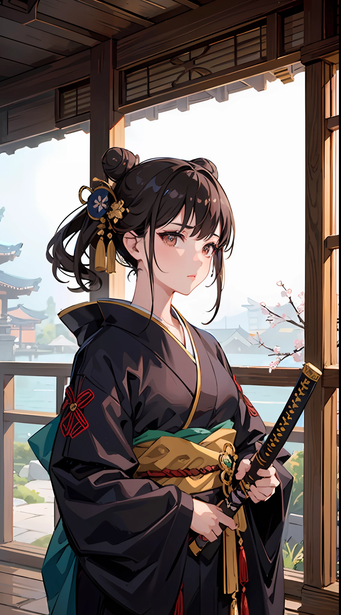 low NSFW, ((cinematic)) POV, 4K, high definition {masterpiece}, ultra detail, aesthetic, artistic, abstract, brunette bun haired japanese elegant woman wearing kimono, hazel eyes, blank pale eyes, detailed body parts, fixed pose, fixed proportion, swordman, knight, katana, samurai