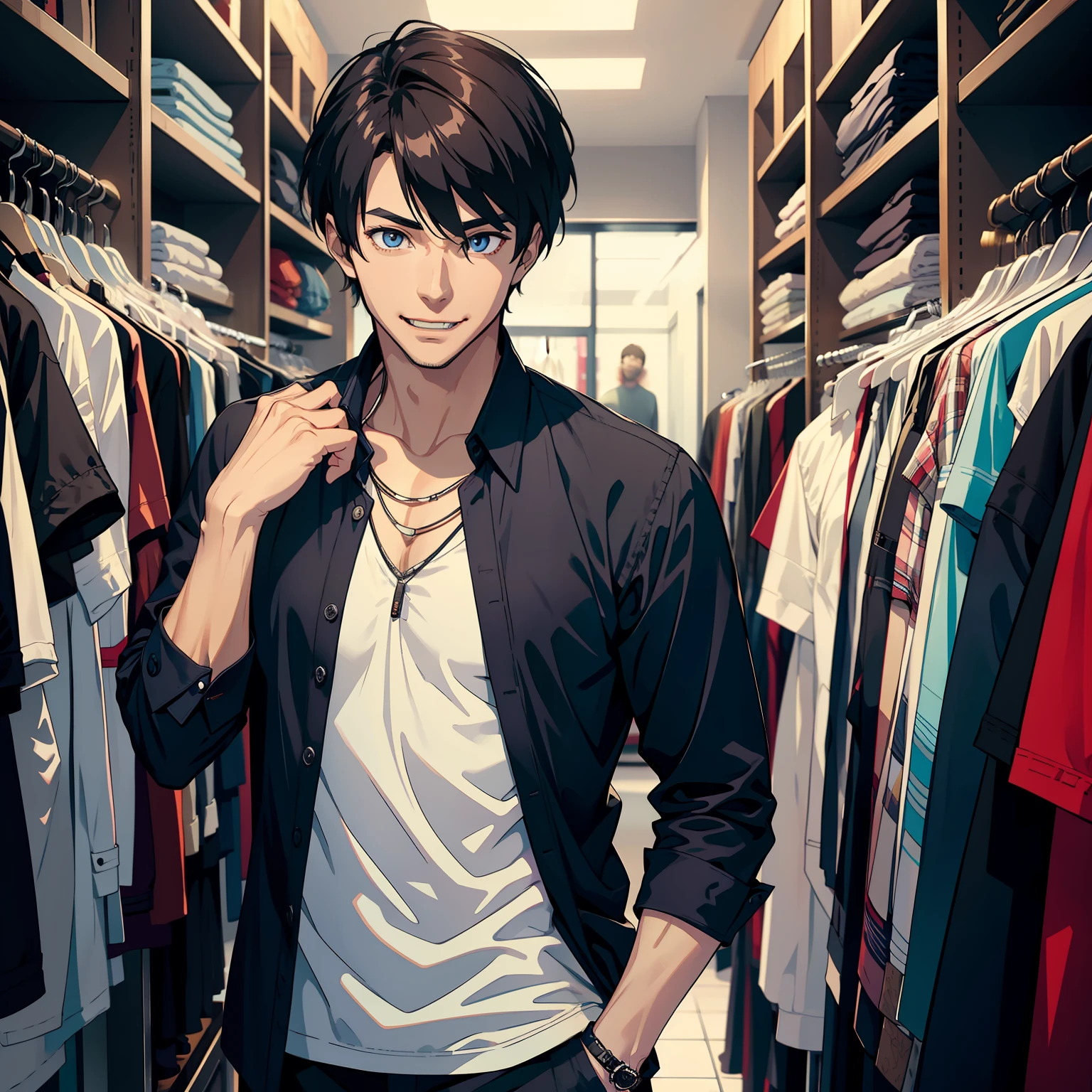 1 handsome guy，Wear a casual shirt，The eyes are sharp，Evil laughter，In a clothing store