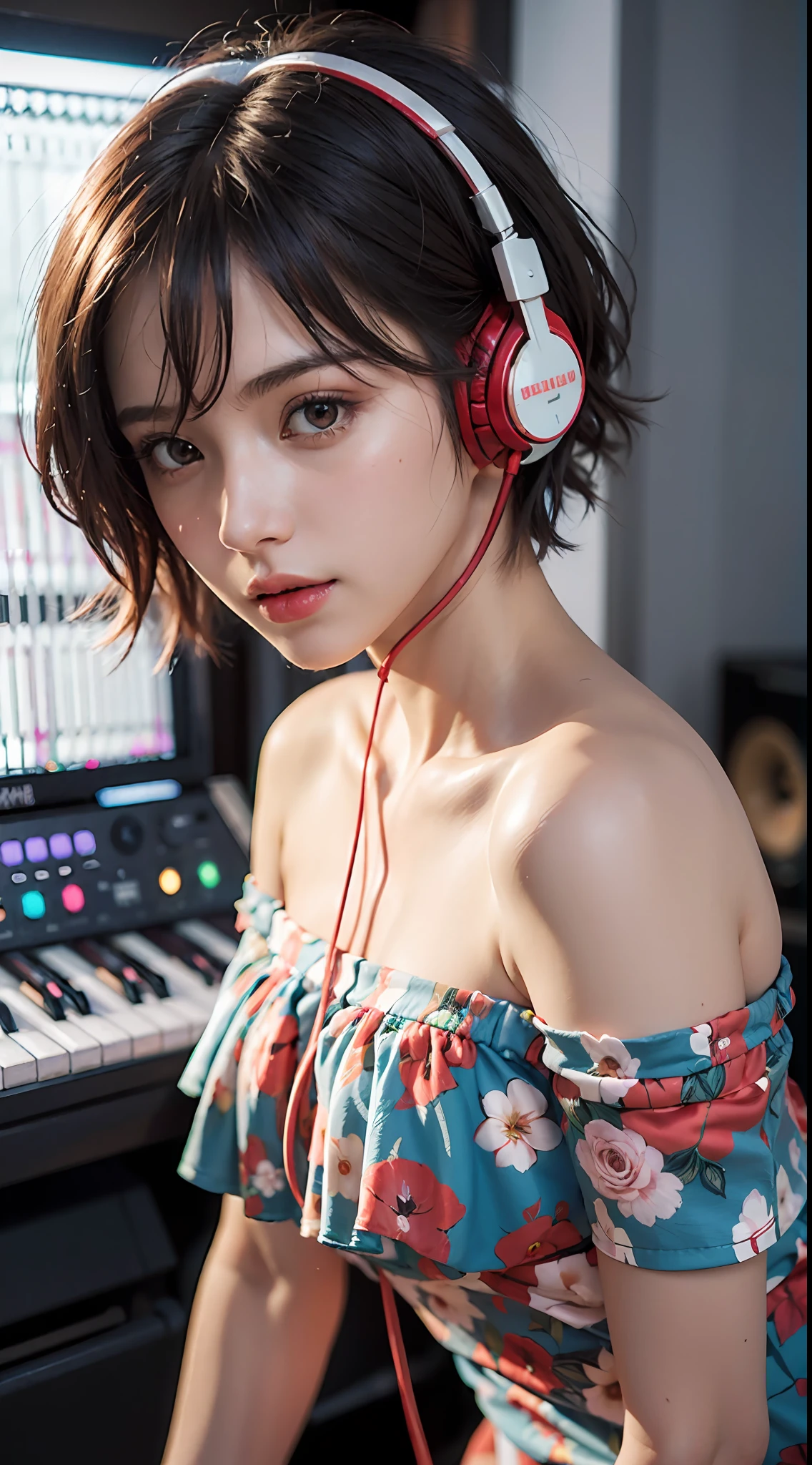 Best Quality, masutepiece, (Photorealistic:2), Ultra High Resolution, Highly detailed, A hyper-realistic, 1girl in, ((Red headphones)), (Longer dress), Floral pattern, colourfull_hair、(((very_Short_hair))), Short hair, Slim body, Full Shot, Looking at Viewer, ((Music Studio)),  Bright atmosphere, spot light, Detailed background