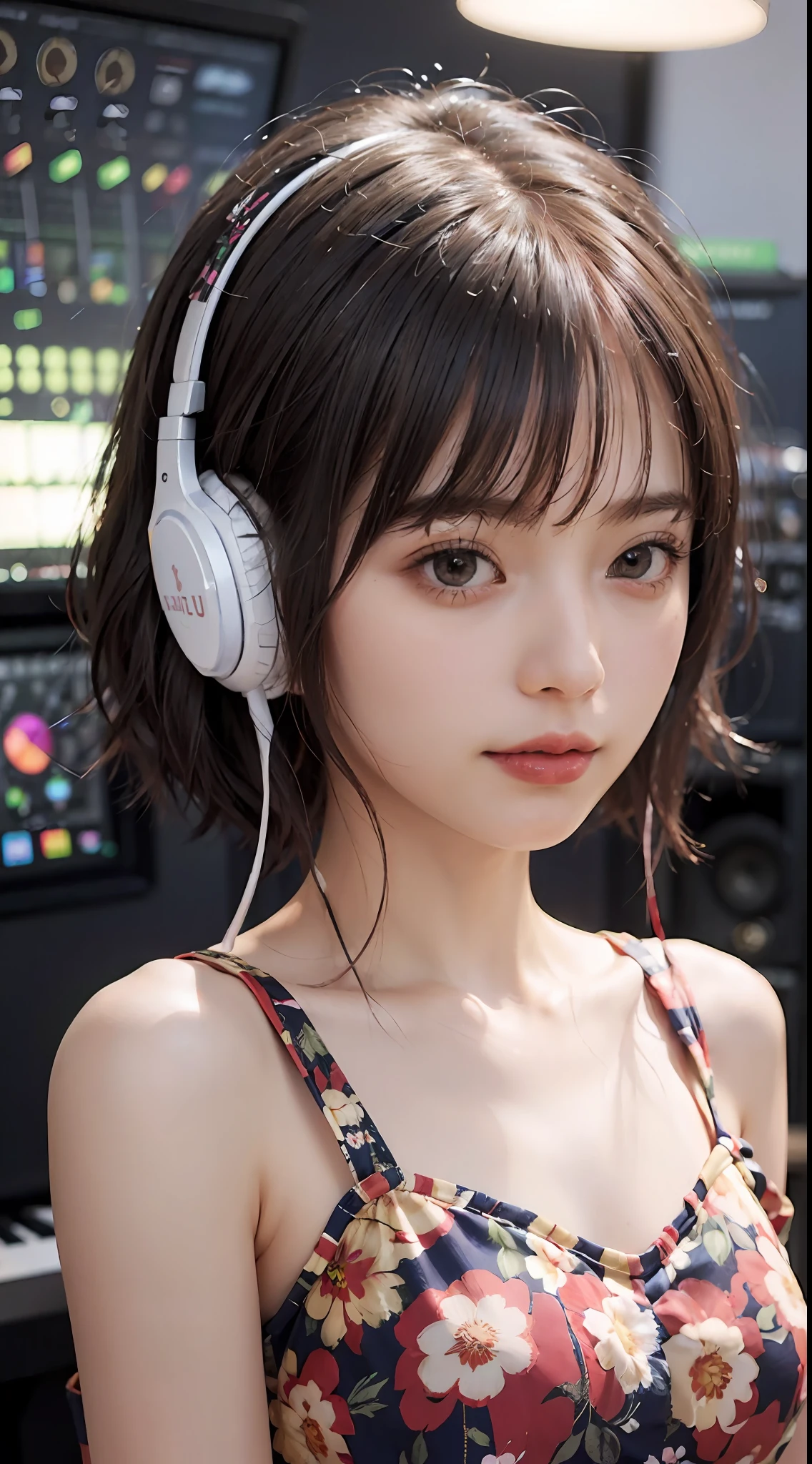Best Quality, masutepiece, (Photorealistic:2), Ultra High Resolution, Highly detailed, A hyper-realistic, 1girl in, ((Red headphones)), (Longer dress), Floral pattern, colourfull_hair、(((very_Short_hair))), Short hair, Slim body, Full Shot, Looking at Viewer, ((Music Studio)), Bright atmosphere, spot light, Detailed background
