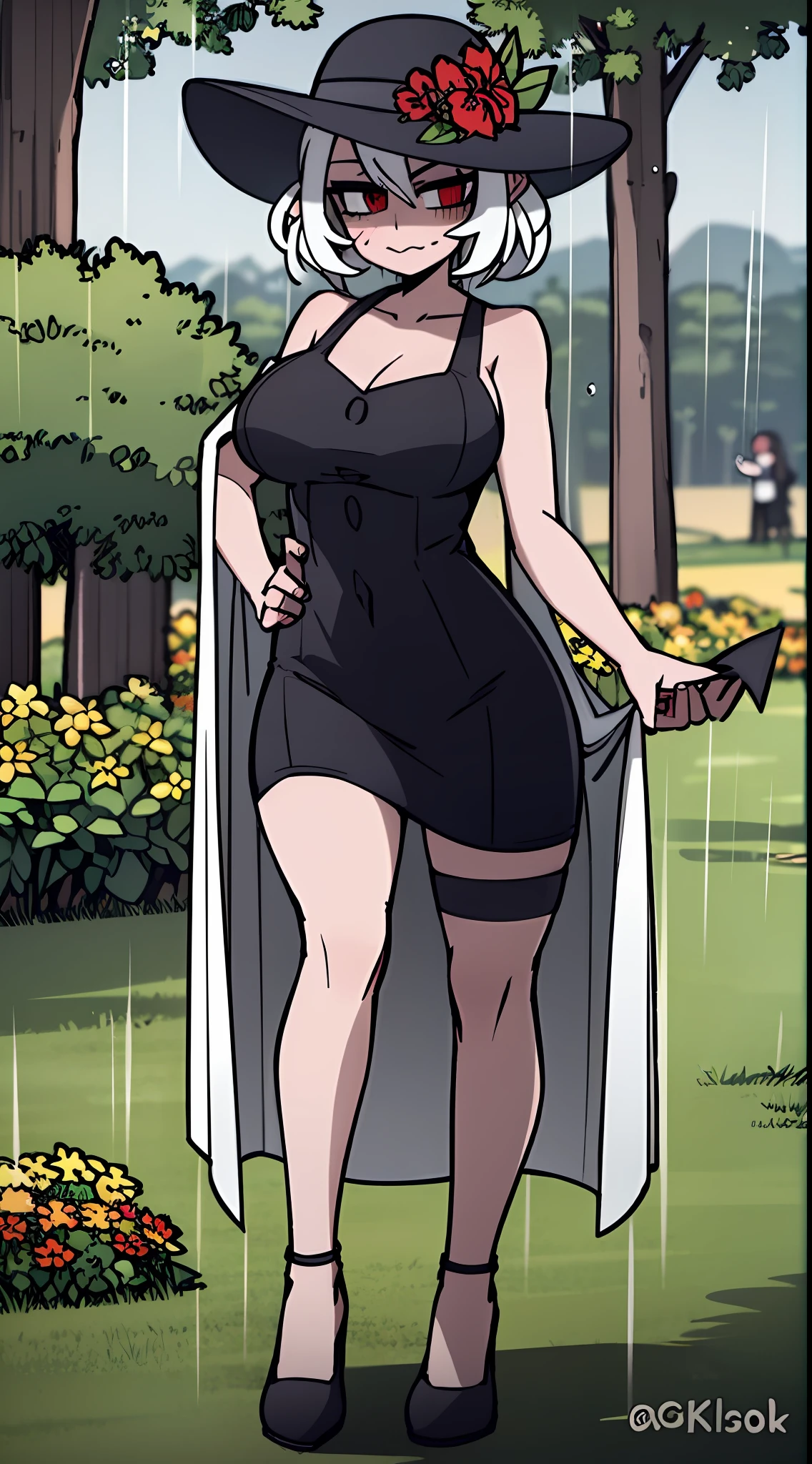1girl, solo, breasts, wide hips, blush, blushing, horns on head, demon tail, large breasts, dynamic angle, sharp focus, standing, heterochromia, 8k resolution, sun dress, see through clothes, white, sun hat, outdoors, countryside, trees, rain, rainstorm, full body shot, grey sky, detailed, flowers, mountain in background,