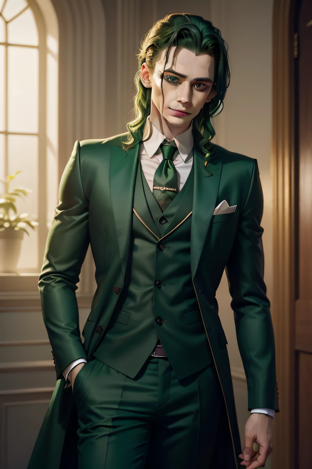 young loki, green eyes, green hair, green suit, elegant, charming