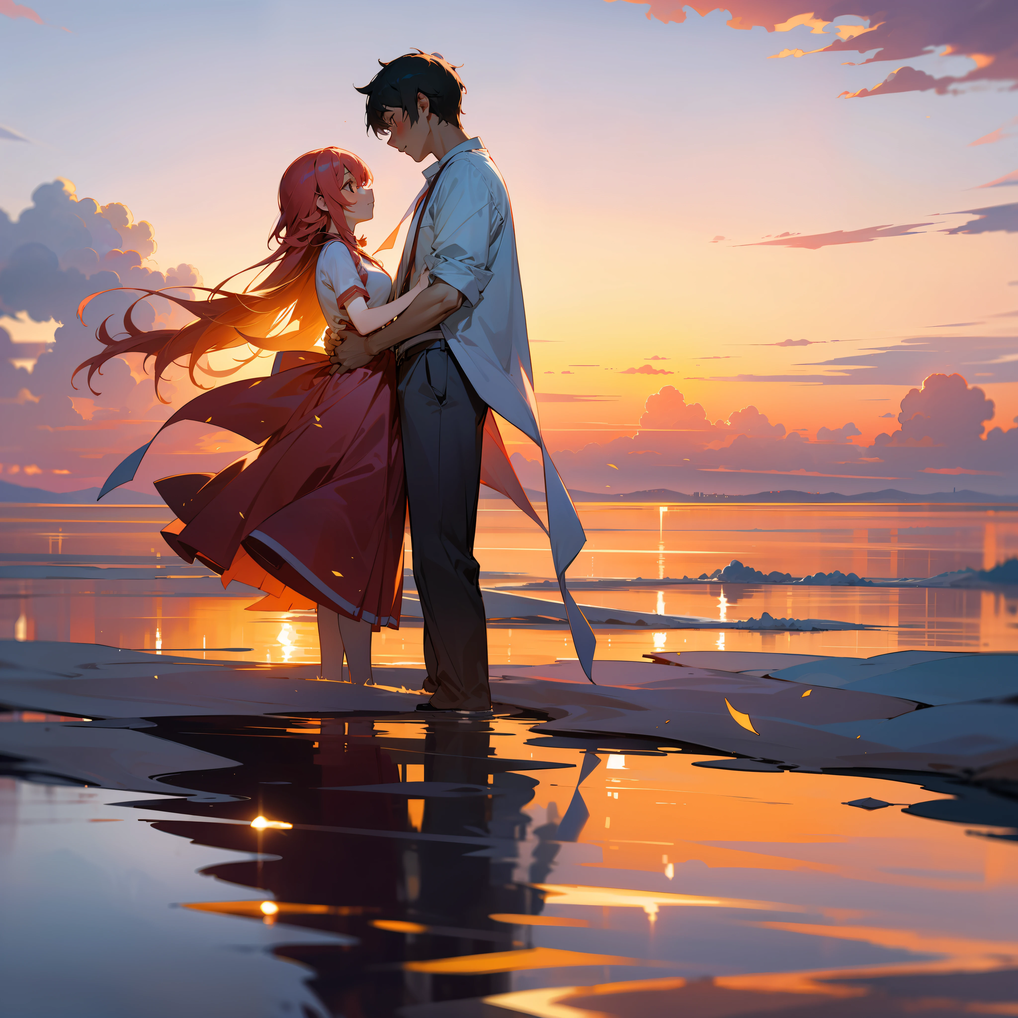 In the afterglow of the setting sun,Couples stand opposite each other,Clouds float in the sky。
