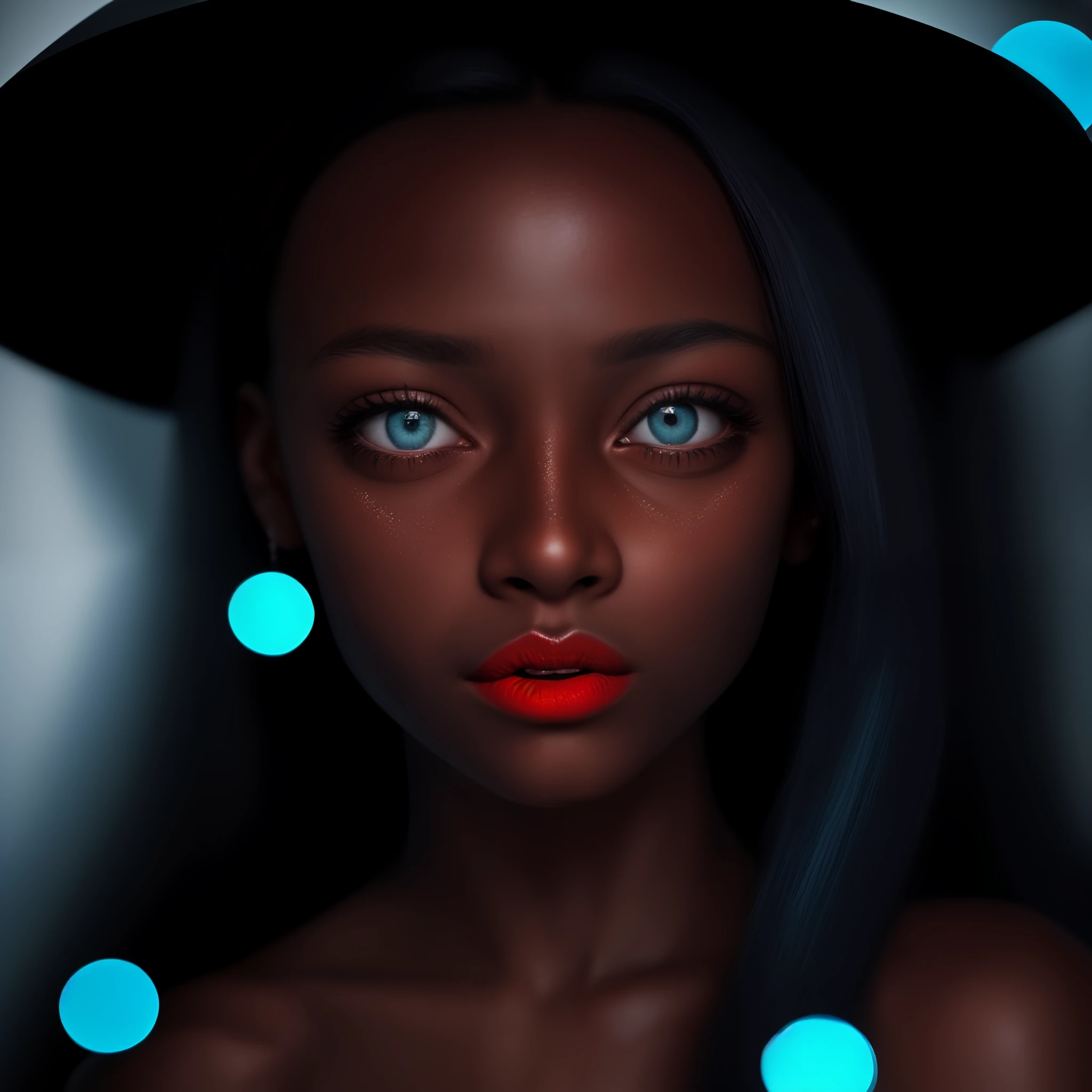 Perfect black skin girl, Age(26 years), skin shining,Let light blue beam reflect on her face((from her back)) , lipstick more colorful, detailed shadows, indoor hasselblad X2D 100c, hasselblad XCD 90mm f/1.9 lens depth of field, bokeh,film grain, sharp focus, 8k, UHD, HDR, high-res, absurdres, Award winning photography, best composition, perfect eyes, perfect face features, well detailed.