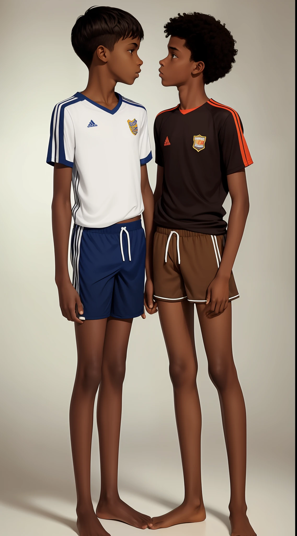 Two thin, 14 year old boy kissing,Brown skin,bareness,Extra short shorts,Grasp the crotch of your pants with your hands,Hands touching the crotch,Short-sleeved football shirt,short detailed hair,Full body photo,emaciated,The lower body is naked opposite each other