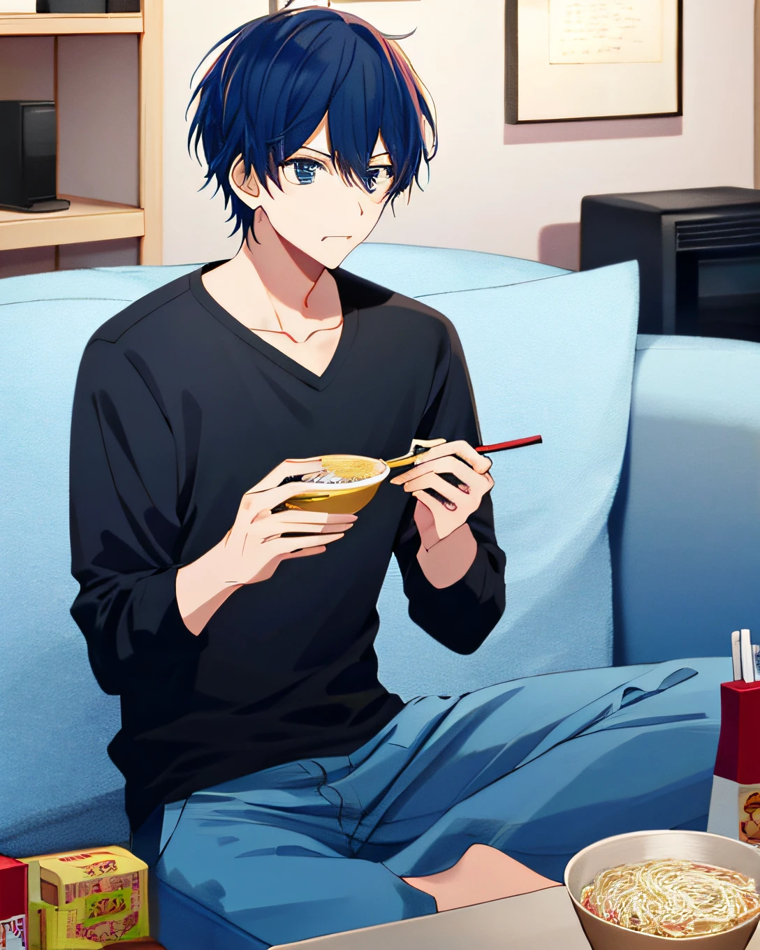 of a guy,Living room at home,Eat instant noodles
