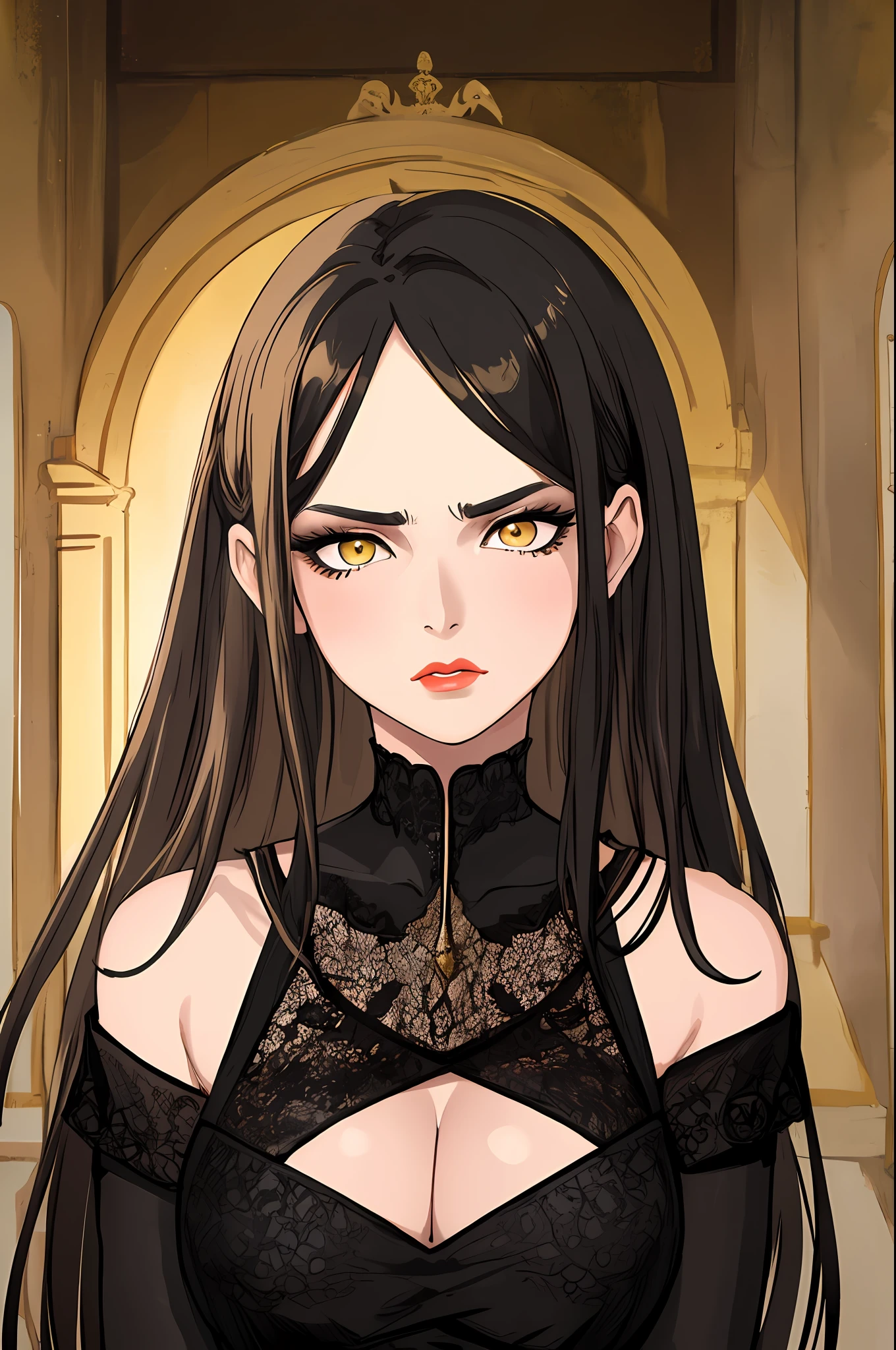 portrait of osira, eyeshadow, scar face, elegant, pronounced feminine features, (yellow eyes:0.6), (red lips:0.8), busty, large breasts, off shoulder black dress, elbow gloves, scowl, detailed background, ancient stone room, volumetric lighting, centered, realistic, best quality, masterpiece