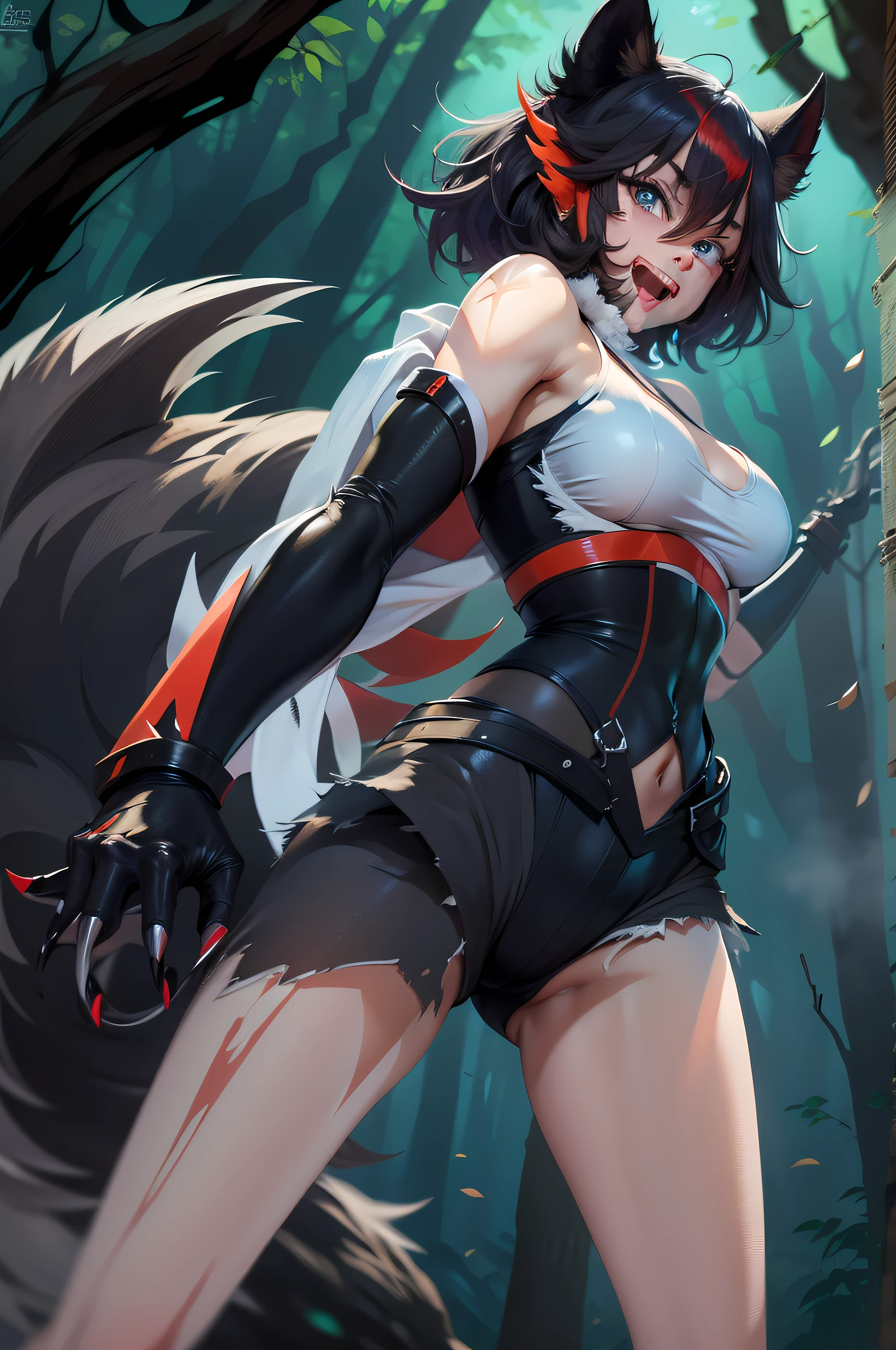 1girl, ryuko matoi , a beast girl, kill la kill, sharp claws, arms of black fur, honey badger costume, furry, claws, fur, large breasts, (ripped clothes), forest at night, masterpiece, black fur legs, white skin, short hair, white panties, white tank top, blue eyes, aggressive smile, thing, navel, big boobs, killing bites.