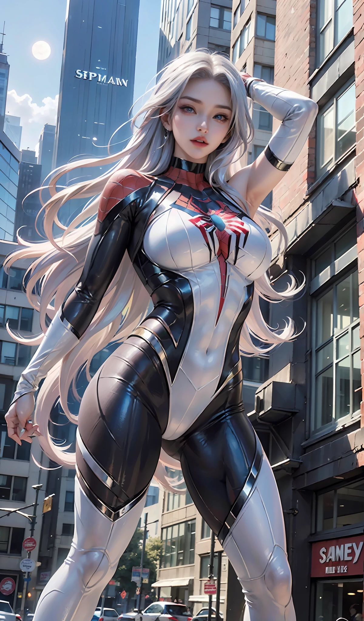 (Masterpiece, 4k resolution, ultra-realistic, very detailed), (White superhero theme, charismatic, there's a girl on top of town, wearing Spider-Man costume, she's a superhero), [ ((25 years), (long white hair:1.2), full body, (blue eyes:1.2), ((Spider-Man pose),show of strength, jumping from one building to another), ((sandy urban environment):0.8)| (cityscape, at night, dynamic lights), (full moon))] # Explanation: The Prompt mainly describes a 4K painting of ultra-high definition, very realistic, very detailed. It shows a superheroine at the top of the city, wearing a Spider-Man costume. The theme in the painting is a white superhero theme, the female protagonist has long white hair, is 25 years old and her entire body is shown in the painting. In terms of portraying the actions of superheroines, spiders are employed