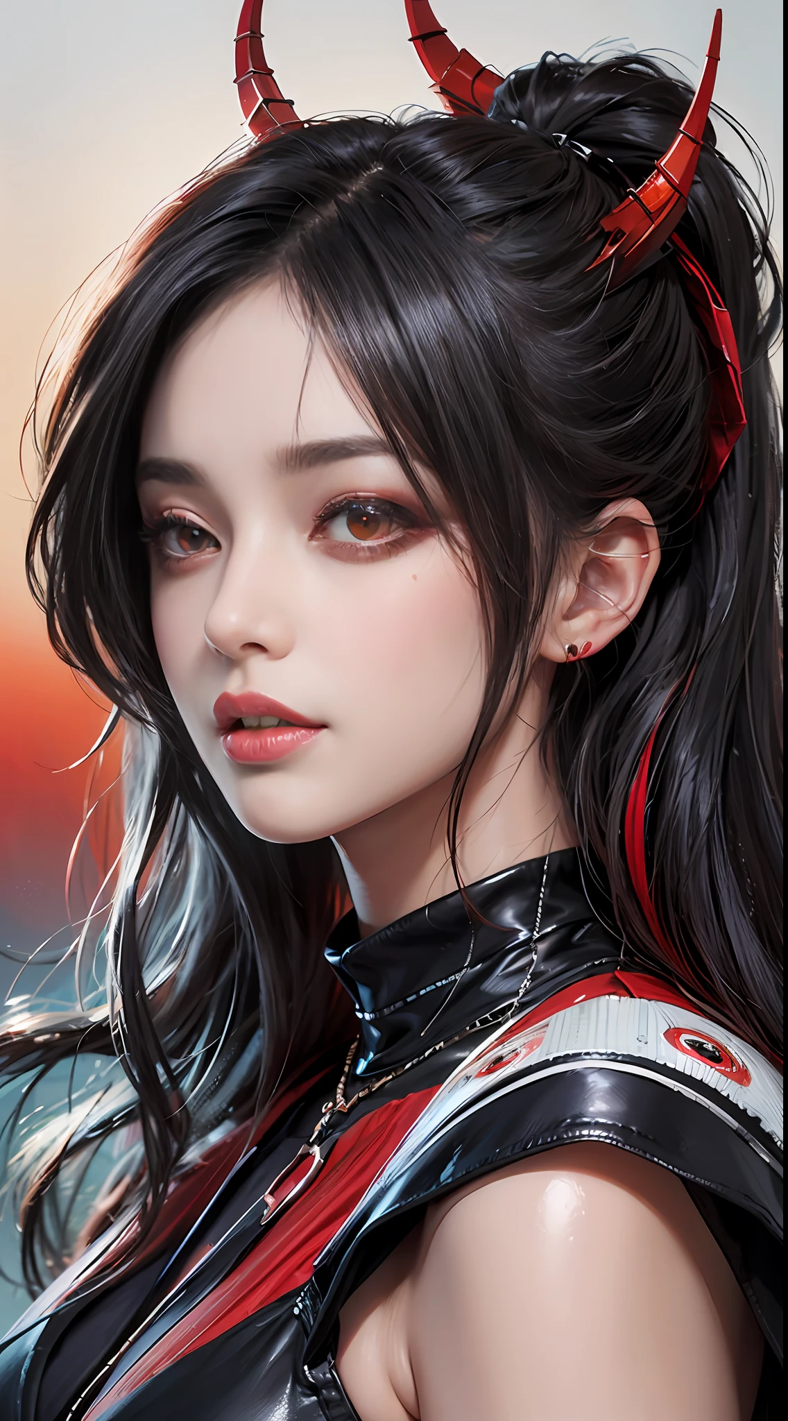 1 beautiful devil woman from hell, surreal female portrait by David Hockney and Alphonse Mucha, realistic art, chinese doll, photorealism, dynamic lighting, artstation, poster, volumetric lighting, clean pink and white face, super realistic face, beautiful face and very detailed make-up, 8k ultra, awarded, in the dark, low key, cowboy lens, (Red phoenix dress: 1.0), long hair, black hair, bust, devil's Palace, devil crown, eyes make up very sharp and detailed, the most beautiful face, super tight breasts, breast augmentation, the breasts are very big and round and round, super realistic, chinese women's clothing, polo neck sweater, charming smile, the eyes are very well made up, ((red eye:1.9)), guweiz, devil style, wearing black mesh socks, ponytail with a bow tied at the back of the hair, plump and beautiful red lips, wearing a thin red and black robe, Hands pull the straps to reveal sexy breasts, the landscape is overcast and thunderous, beautiful female devil portrait, close-up of the main character, (detailed spooky background:0.8), HDR, UHD, 8kquality, detailed pixel, facing the beautiful girl, looking at the girl body,